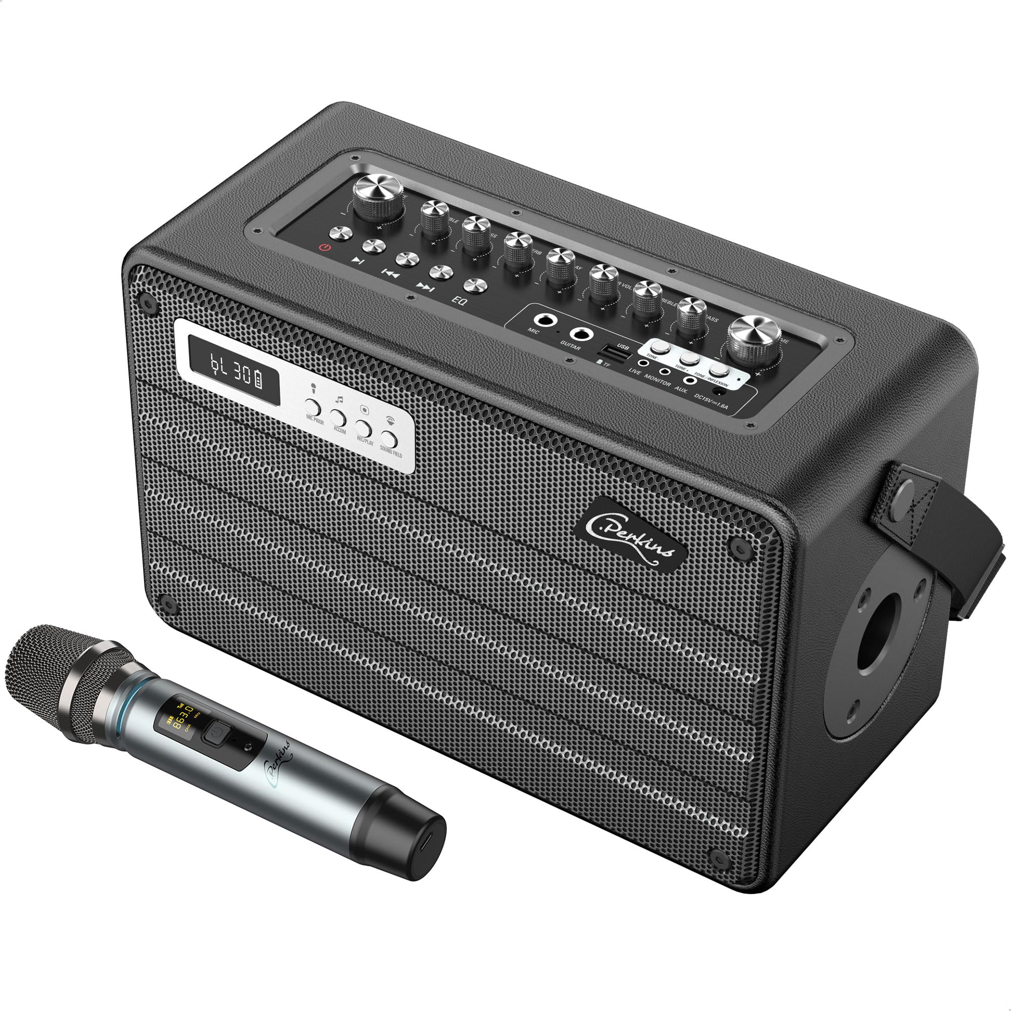 C.Perkins - ROADY-FL - Le TOUT-EN-UN professionnel de 100W, sur batterie, avec 1 micro sans fil UHF et un panel de fonctionnalités - Bluetooth, USB, Jack, Micro-SD - Cuir noir