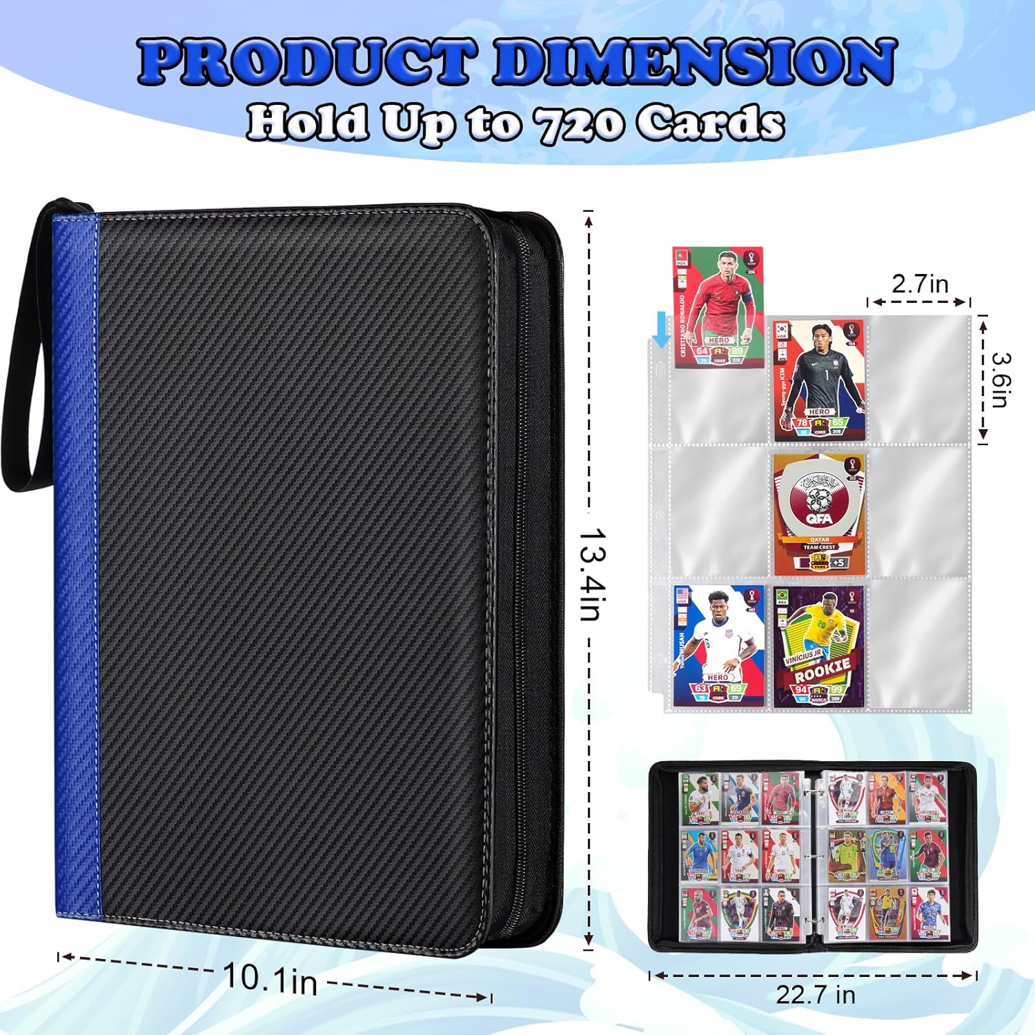 LIMSTDIC Card Binder for Pokemon Card, 9 Pocket 40 Double-Sided Pages for 720 Card Pocket Premium Zip PU Card Binder for Pokemon, Collectible For TCG,MTG,Baseball,Football Trading Card Game(Blue)