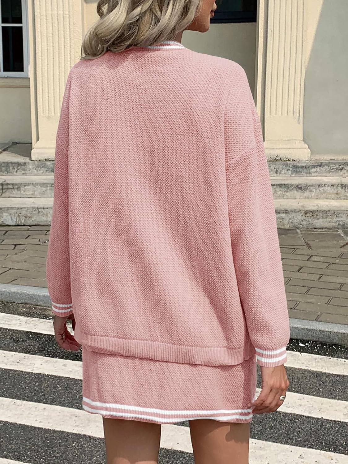 Fisoew Womens Sweater Sets Knit 3 Piece Casual Long Sleeve Button Cardigan High Waisted A Line Skirts Workout Lounge Set - Image 4