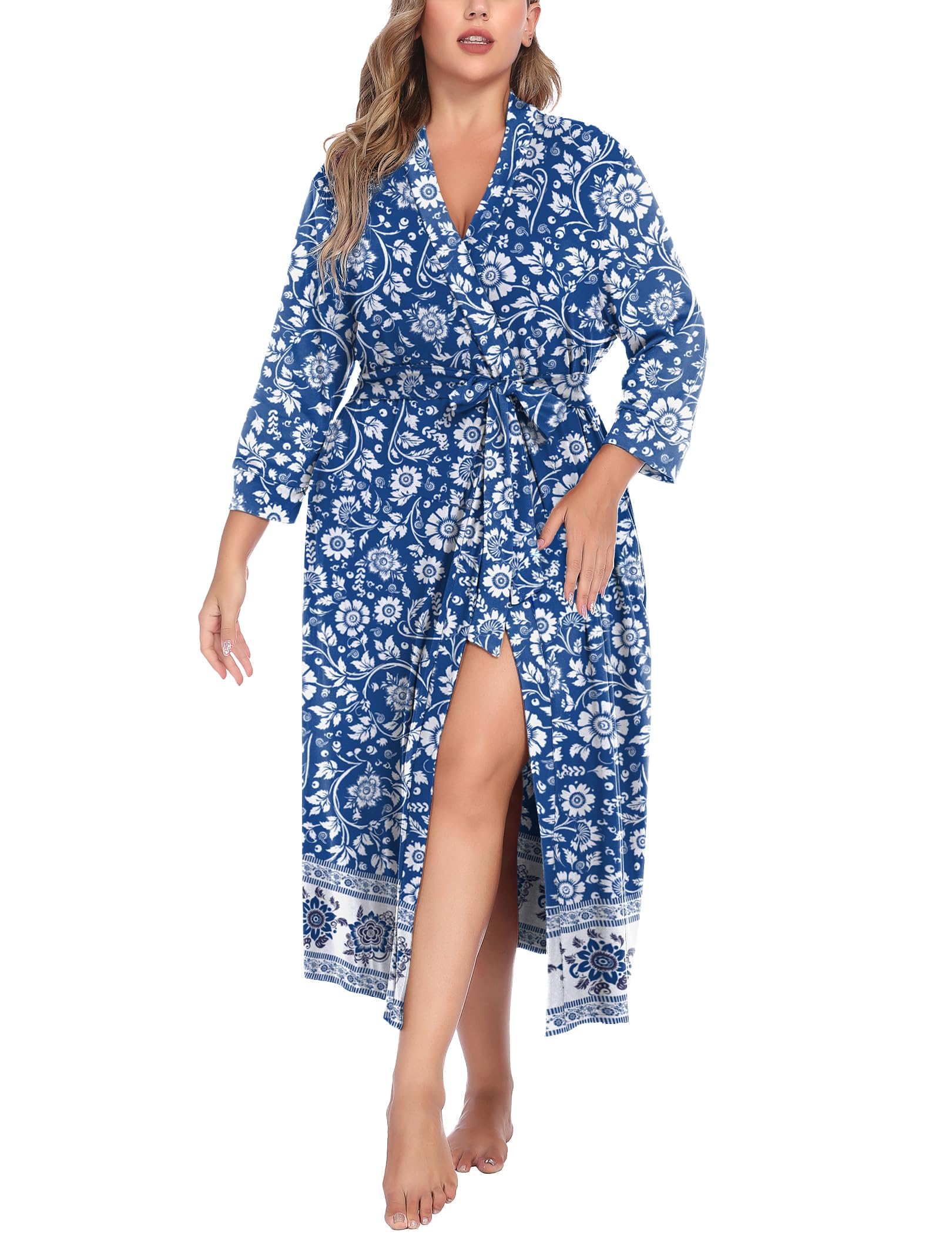IN'VOLAND Womens Plus Size Kimono Robes Long Knit Bathrobe V Neck Ladies Loungewear Lightweight Soft Sleepwear 1X-5X
