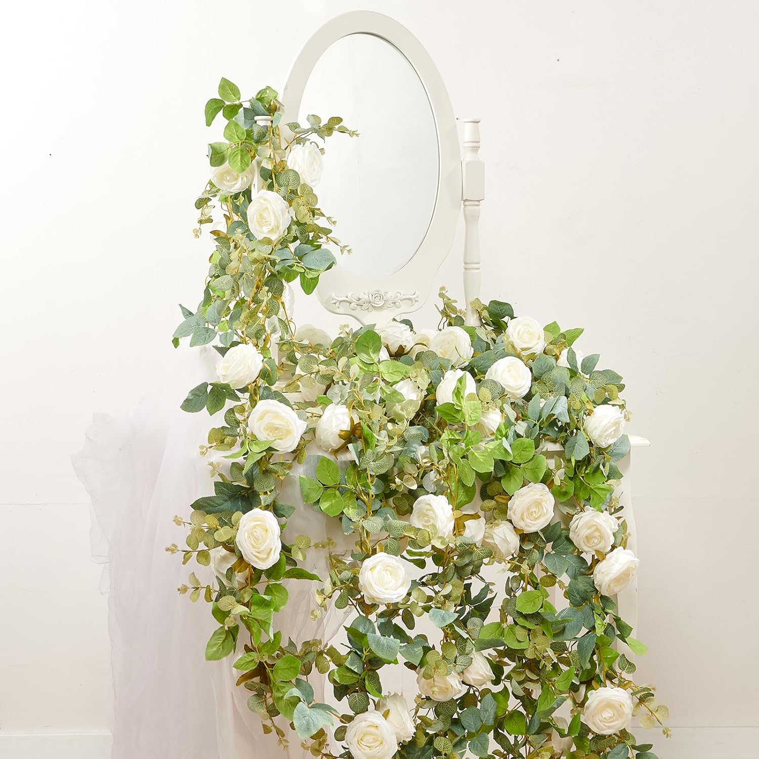 Flower Garland Artificial Rose Vine Flowers Hanging Fake Roses Vines for Wedding Birthday Party Valentines Christmas Room Wall Arch Decor, 2 White Floral Garland Decorations, High Realistic