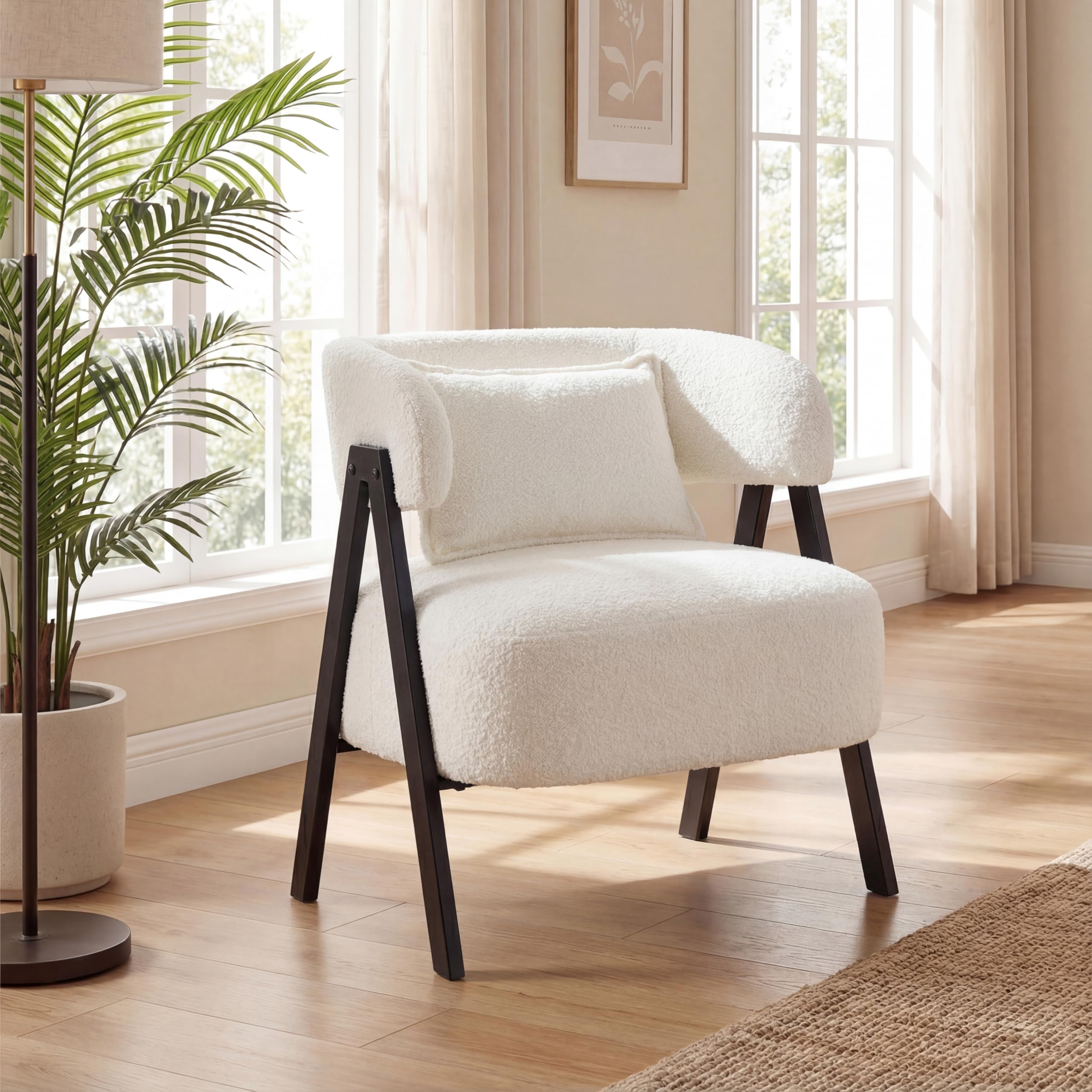 COSTWAY Butaca de Salón Tapizado en Imitación Conejo Suave, Sillón con Cojín Lumbar y Patas de Metal, Silla Estilo Escandinavo para Lectura, Sofá Individual de Ocio para Salón, Dormitorio (Blanco)