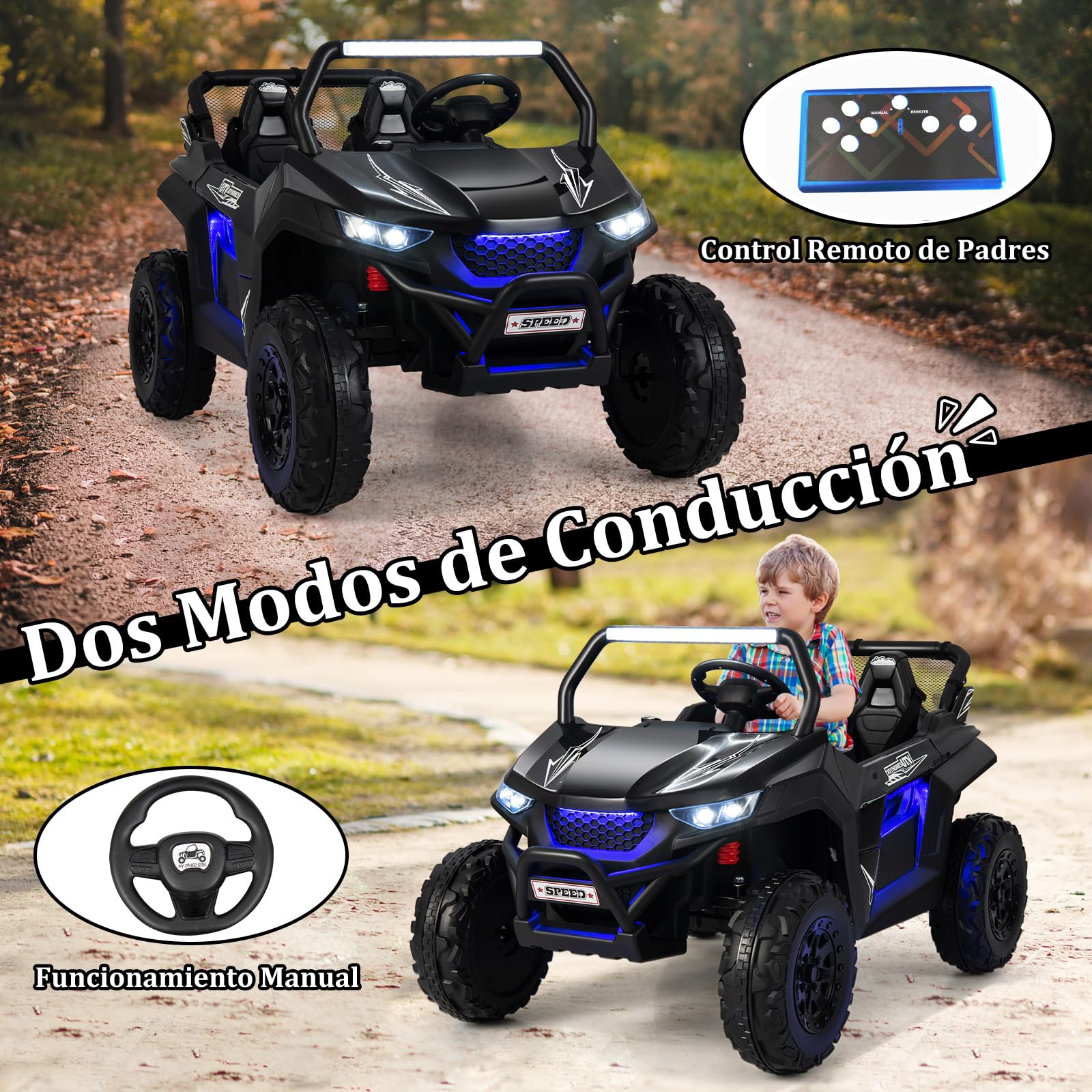 COSTWAY Coche Eléctrico para Niños con 2 Plazas UTV, 12 V Vehículo Todoterreno Eléctrico con Control Remoto 2.4G, Función de Arranque Lento, Faros y Luce, Música, para Niños de 3 a 8 Años