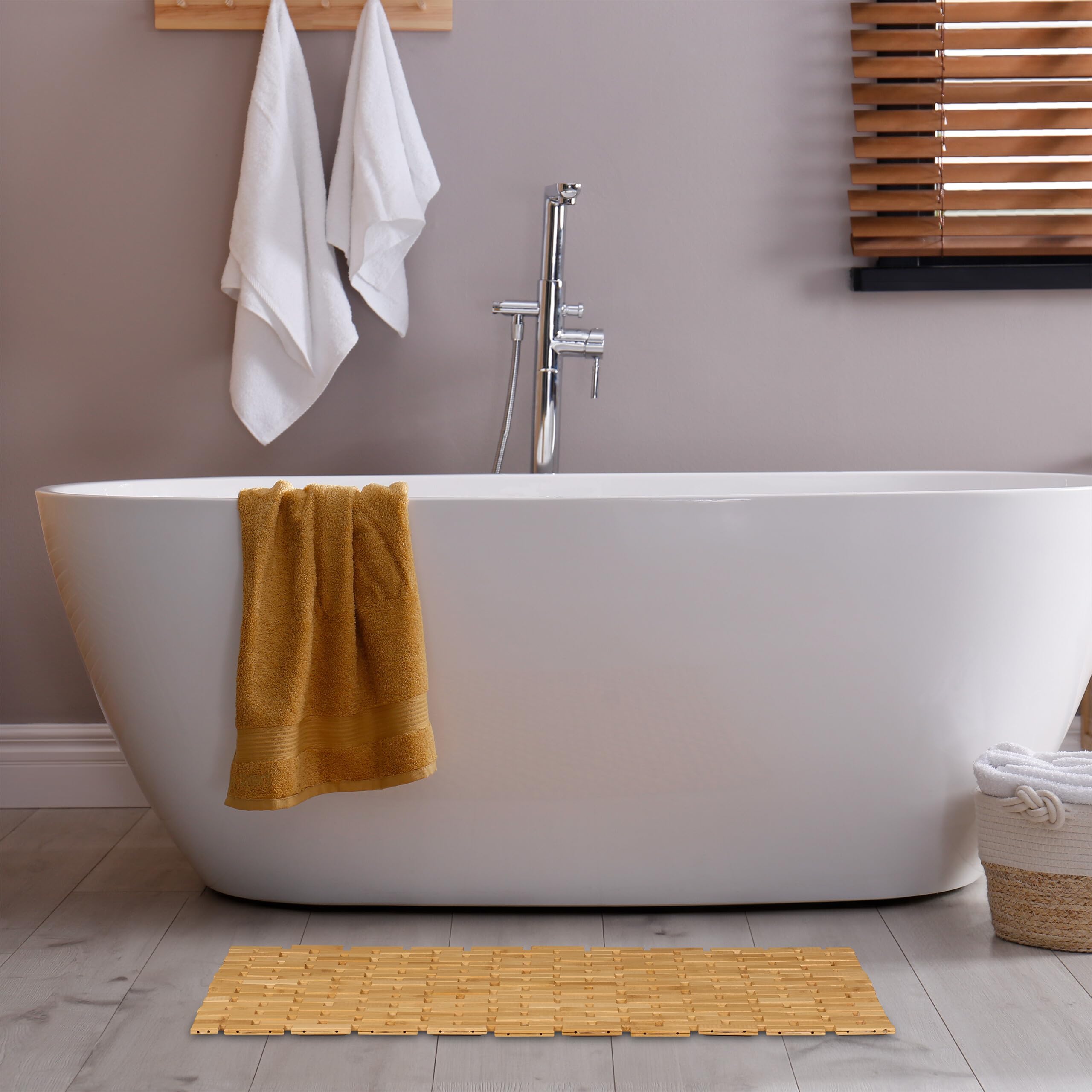 Relaxdays Tappetino in bambù da Bagno, LxP: 70 x 42 cm, Tappeto Antiscivolo per Doccia e Vasca, Arrotolabile, Naturale