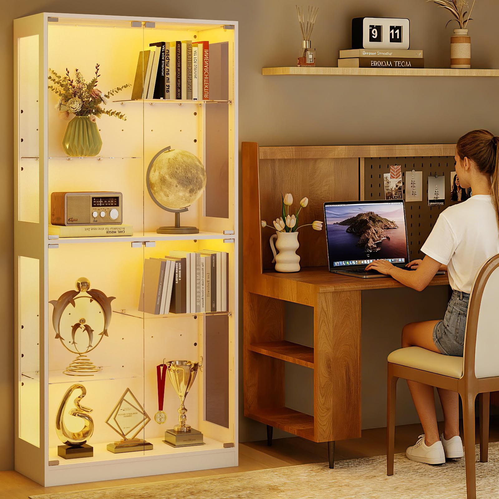 Lamtor Vetrina in vetro da 175 cm con illuminazione LED RGB – Armadio regolabile in altezza con vetro temperato di sicurezza e chiusura magnetica | Per collezioni in soggiorno (bianco)