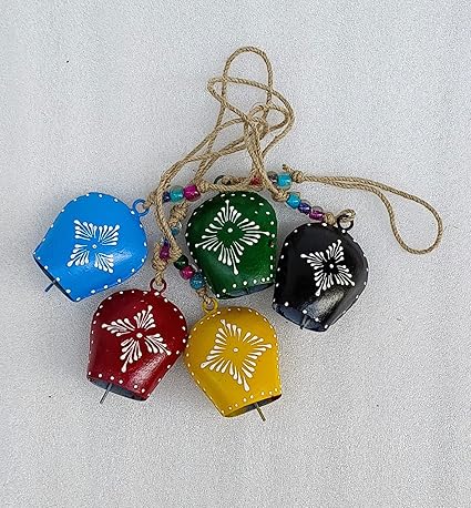 ONLINECRAFT Harmony Cow Bells Painting Bell Vintage Handmade Rustic Lucky Christmas Hanging D cor Bells On Rope Set of 5 PC (Bell Size 3 inch)