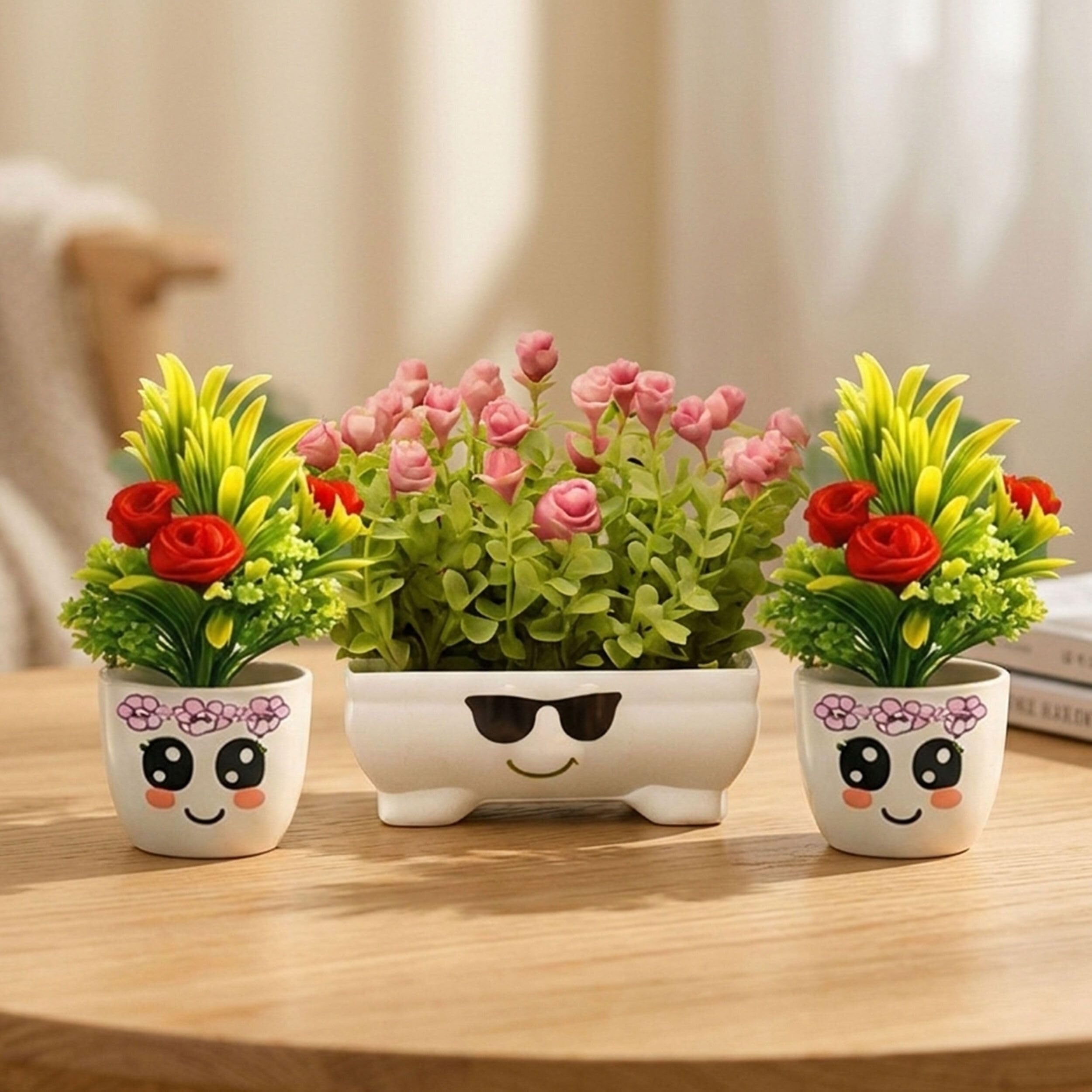 Artificial Plants for Home Decor Set of 3 - Mini Fake Plants with Cute Smiley Face Pots Artificial Flowers with Pot for Office Desk Bedroom Living Room and Office Tabletop Decoration Indoor-image-40