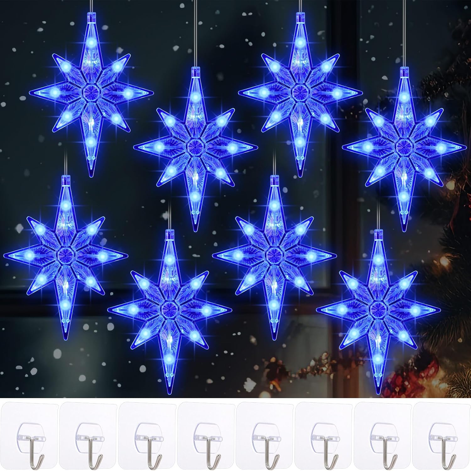 Baquler 8 Pcs Bethlehem Christmas Star Lights Window Decoration Lights LED Christmas Silhouette Hanging Window Lights with Suction Cups for Xmas Tree Star Lights for Xmas(Blue Light)