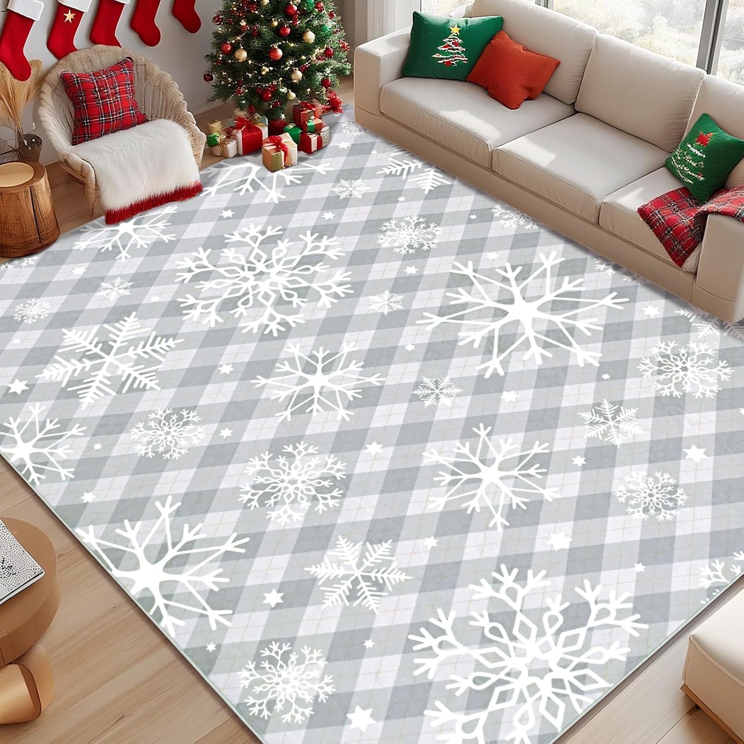 Likiyol Christmas Rugs for Living Room 5x7 Area Rug Soft Washable Rug for Bedroom Non Slip Snowflake Xmas Throw Rugs Winter Checkered Christmas Carpet for Dining Room, Holiday Decor, Low Pile, Grey