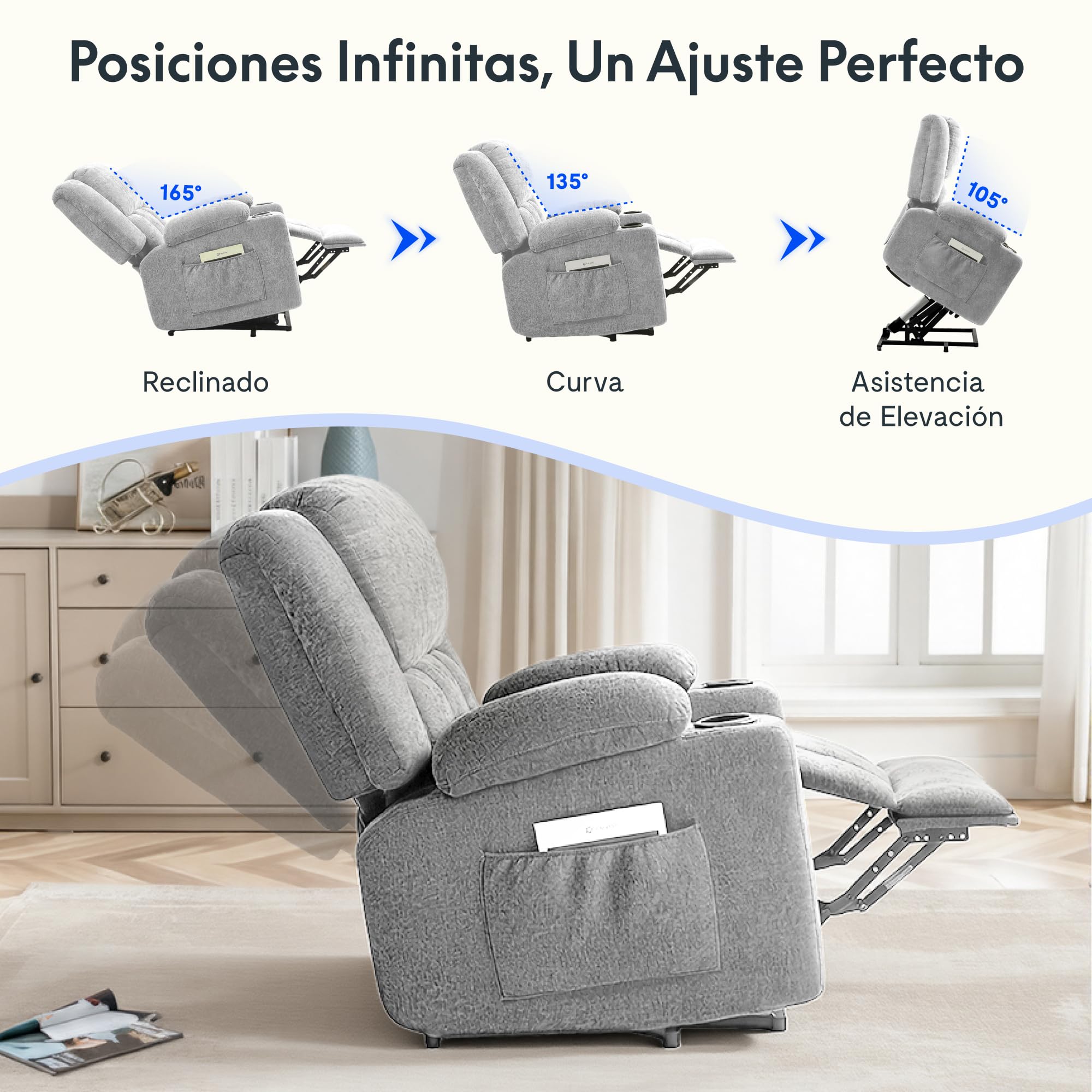 FLEXISPOT XL6 Sillón Relax Eléctrico con Levantapersonas, Masaje 8 Puntos y Calor, Reclinable 105°-165°, USB y Type-C, 2 Portavasos y Bolsillos, Sofá Individual Acolchado, hasta 200 kg, Gris Claro