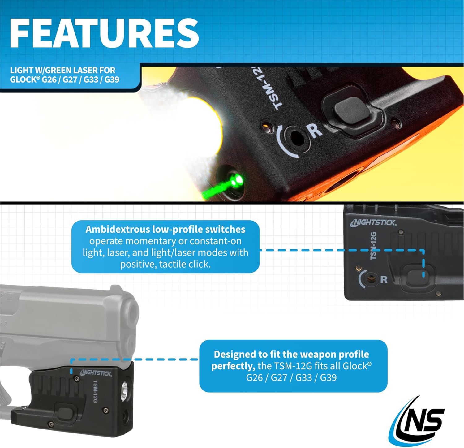Nightstick TSM-12G 150-Lumen Rechargeable Tactical Light w/Green Laser Sight - Ip-X4 Water-Resistant Handgun Lights for Glock G26, G27, G33 & G39