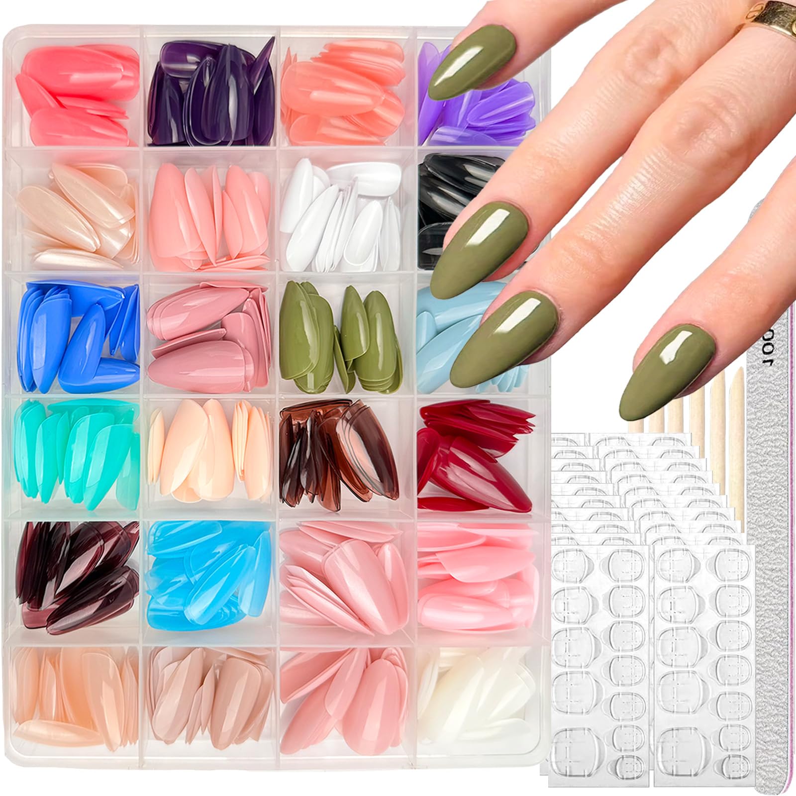 24 Colors Press on Nails Solid Color Fake Nails Short Almond False Nails Pure Color Glue on Nails Reusable Artificial Acrylic Nail Full Cover Glossy