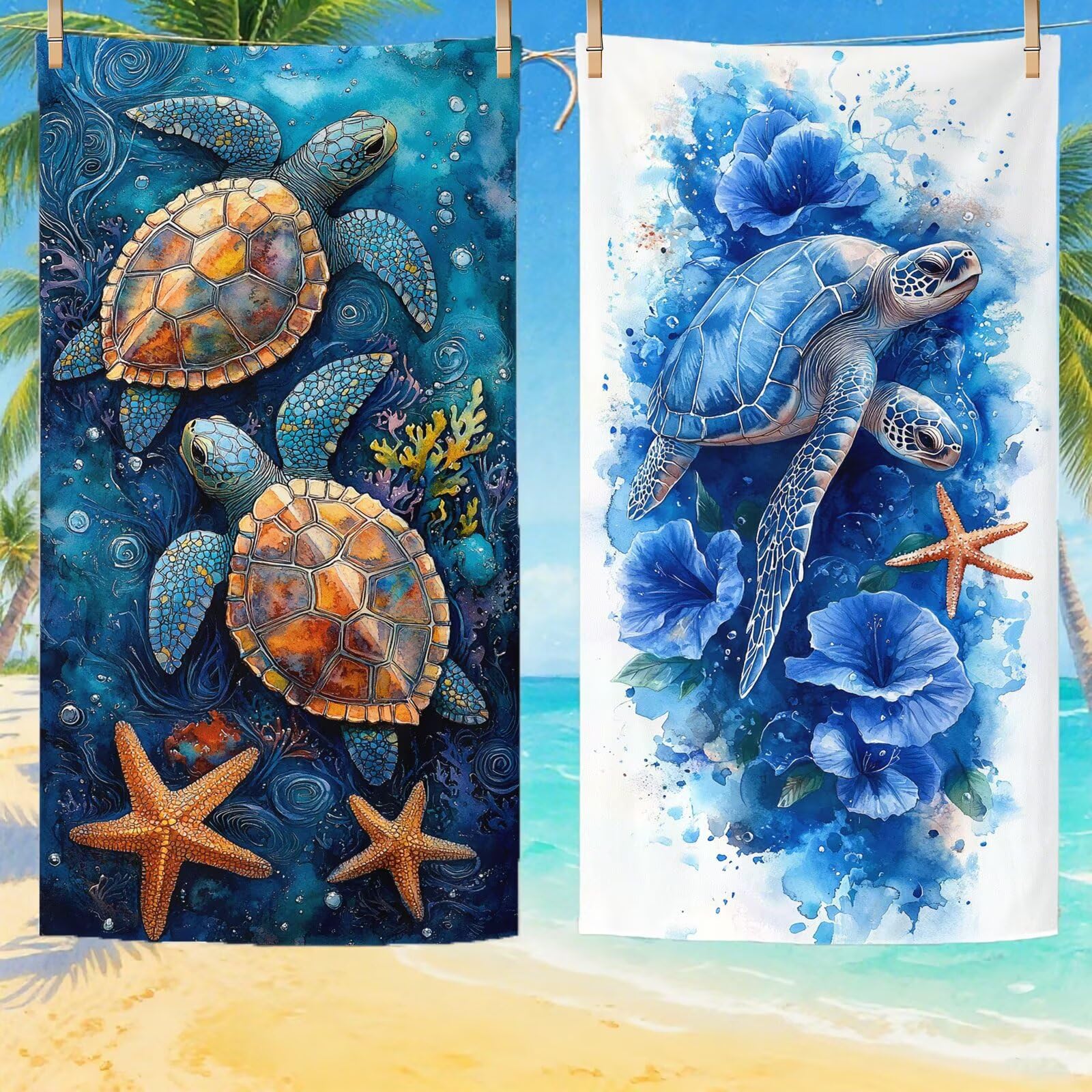 Serviette de Plage XXL 100x200 cm,Tortues de mer Serviette Plage Microfibre avec Séchage Rapide Anti-Sable Absorbante Fonction Design pour Vacances Piscine Pique-Nique Voyages Yoga, Cadeau Femme Q-844