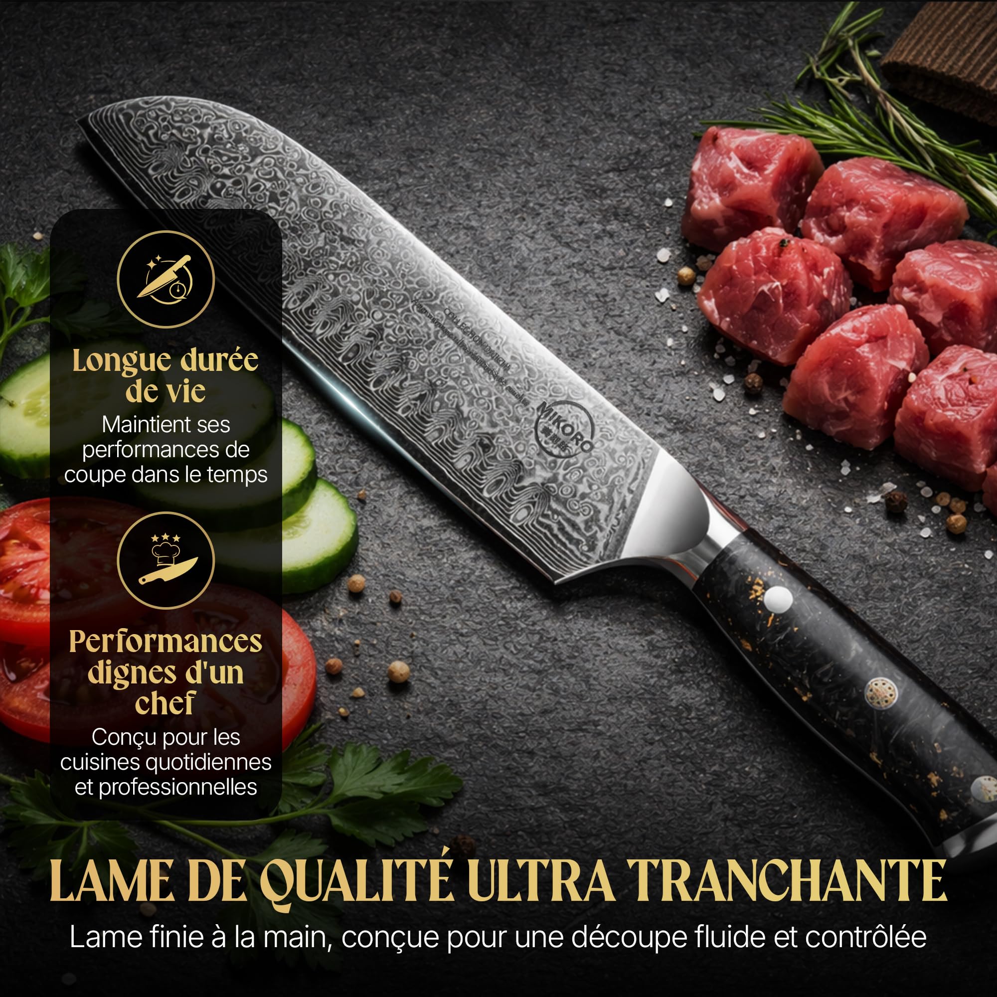 MIKORO Couteau de Cuisine Santoku Japonais 18cm - Acier Damas 67 Couches - Professionnel Ultra Tranchant - Manche Carbone - Coffret Cadeau Premium