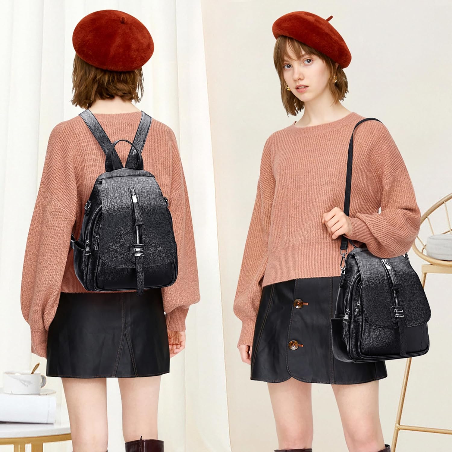 ALTOSY Genuine Leather Backpack for Women Convertible Shoulder Bag with Buckle Flap - Image 3