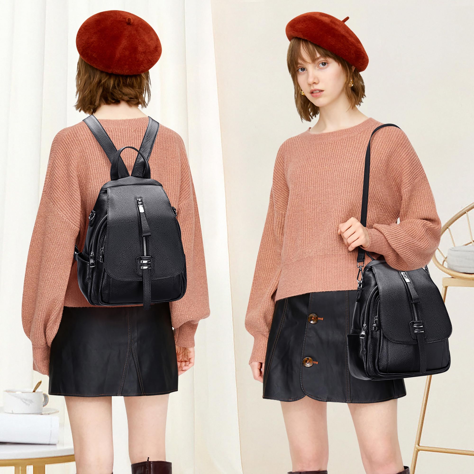 ALTOSY Echter Leder Rucksack Damen mit Geldbörse Vielseitige Tasche | Mit Schnalle Klappe, 3-in-1 Tragetasche, Passt für 9,7" ipad, Lässiger Schulterrucksack für Alltag, Reisen, S85 Schwarz