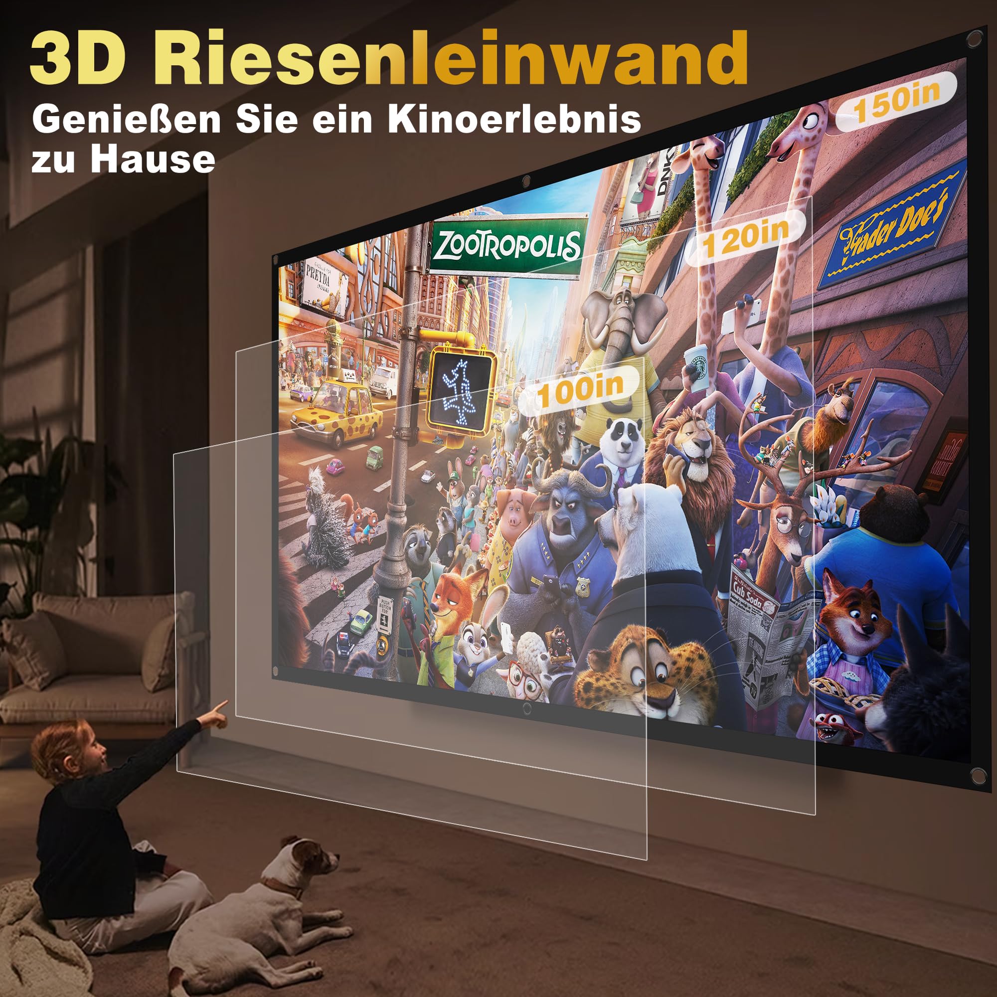 Ekran Projekcyjny 120 Cali 16:9 HD - Przenośny Składany na Zewnątrz do Projektorów, Dwustronny Antyzagnieceniowy Projekcja dla Kina Domowego, Komercyjnego, Imprez, Ekran Projektora 265x150cm