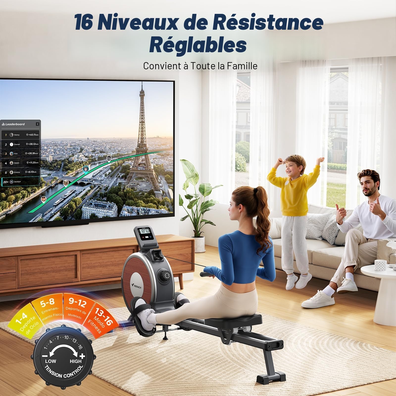 MERACH Rameur Magnétique Silencieux 16 Niveaux de Résistance Rails Doubles