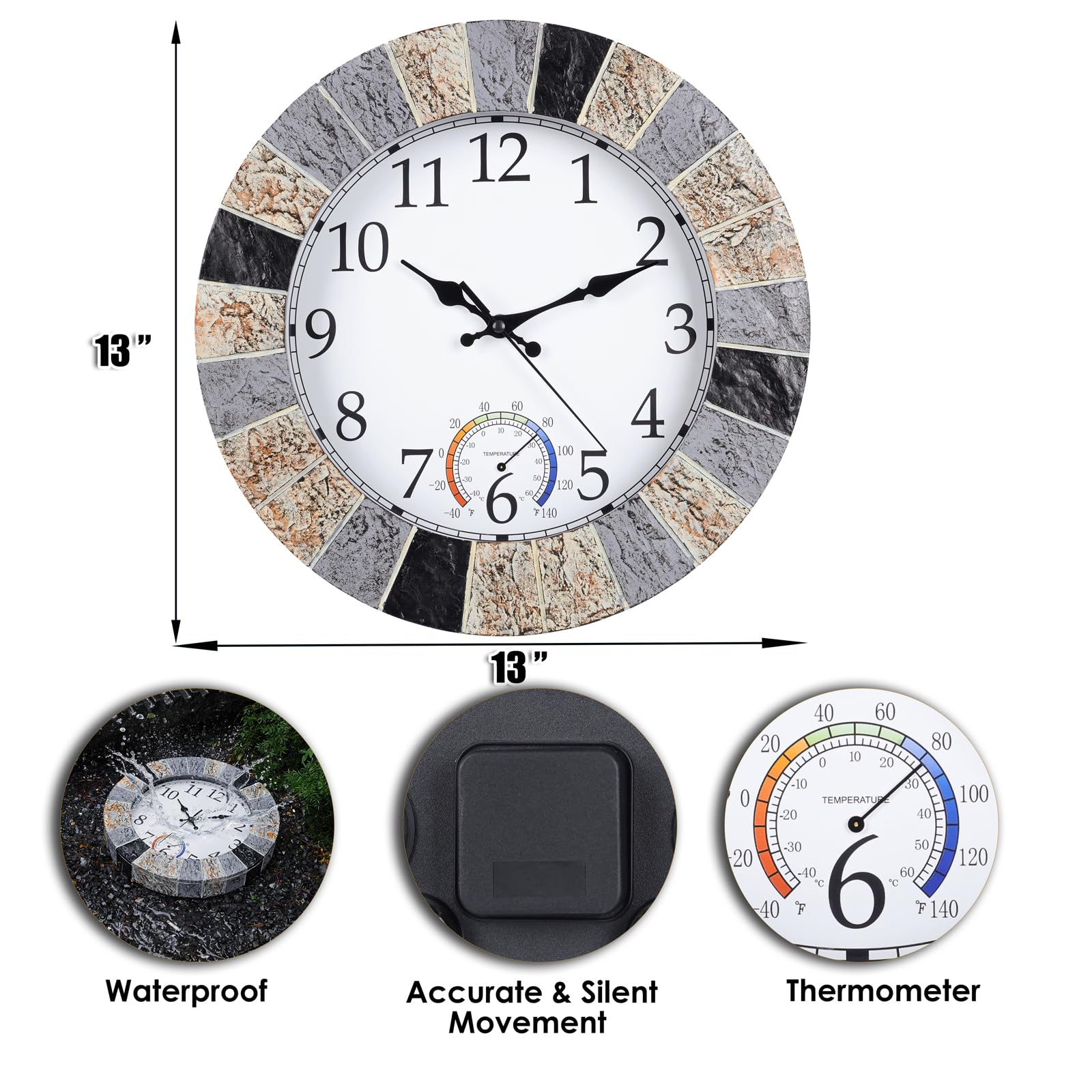 Horloge murale d'extérieur étanche avec thermomètre - 33 cm - Silencieuse et rustique - En résine résistante aux intempéries - Pour terrasse, piscine, jardin, porche, fausse pierre marron