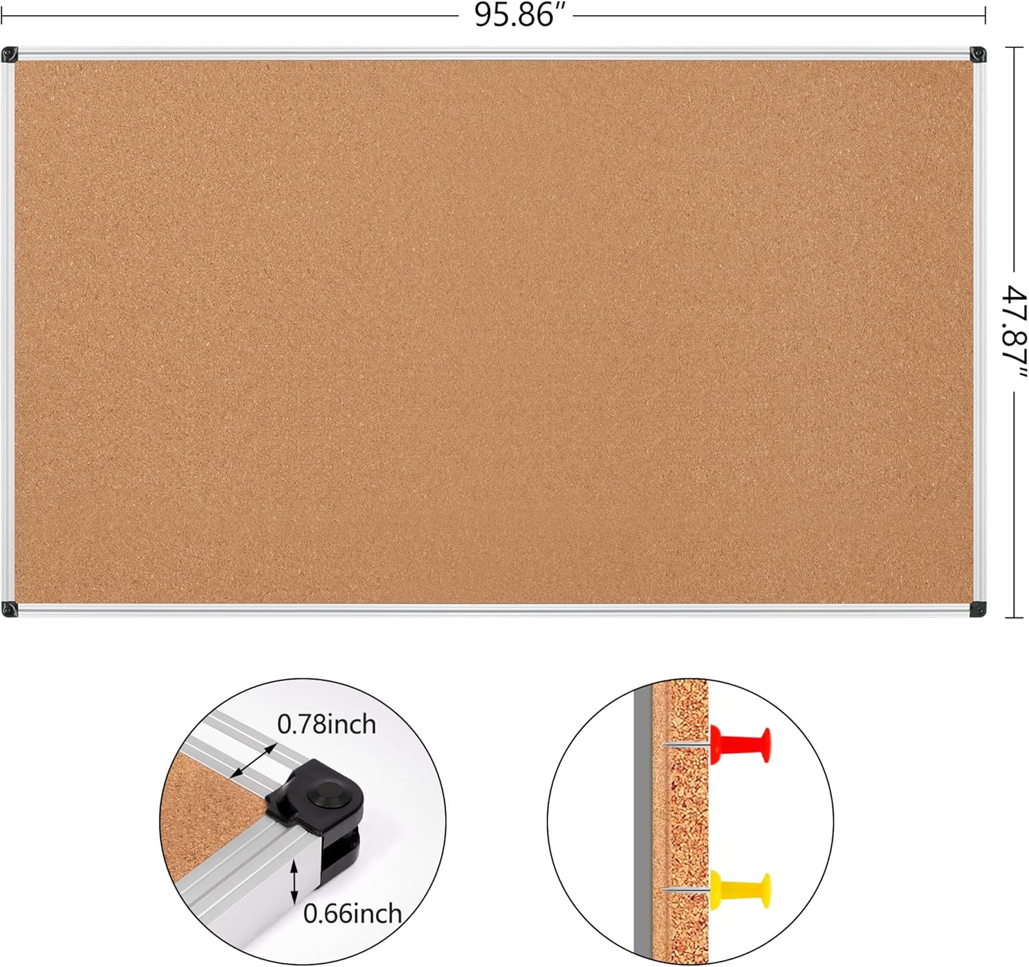 Board2by Large Cork Bulletin Board 96" X 48", Silver Aluminum Framed Corkboard for Wall, Wall Mounted Notice Pin Board with Push Pins for School, Home & Office - 7' x 4' Corkboard
