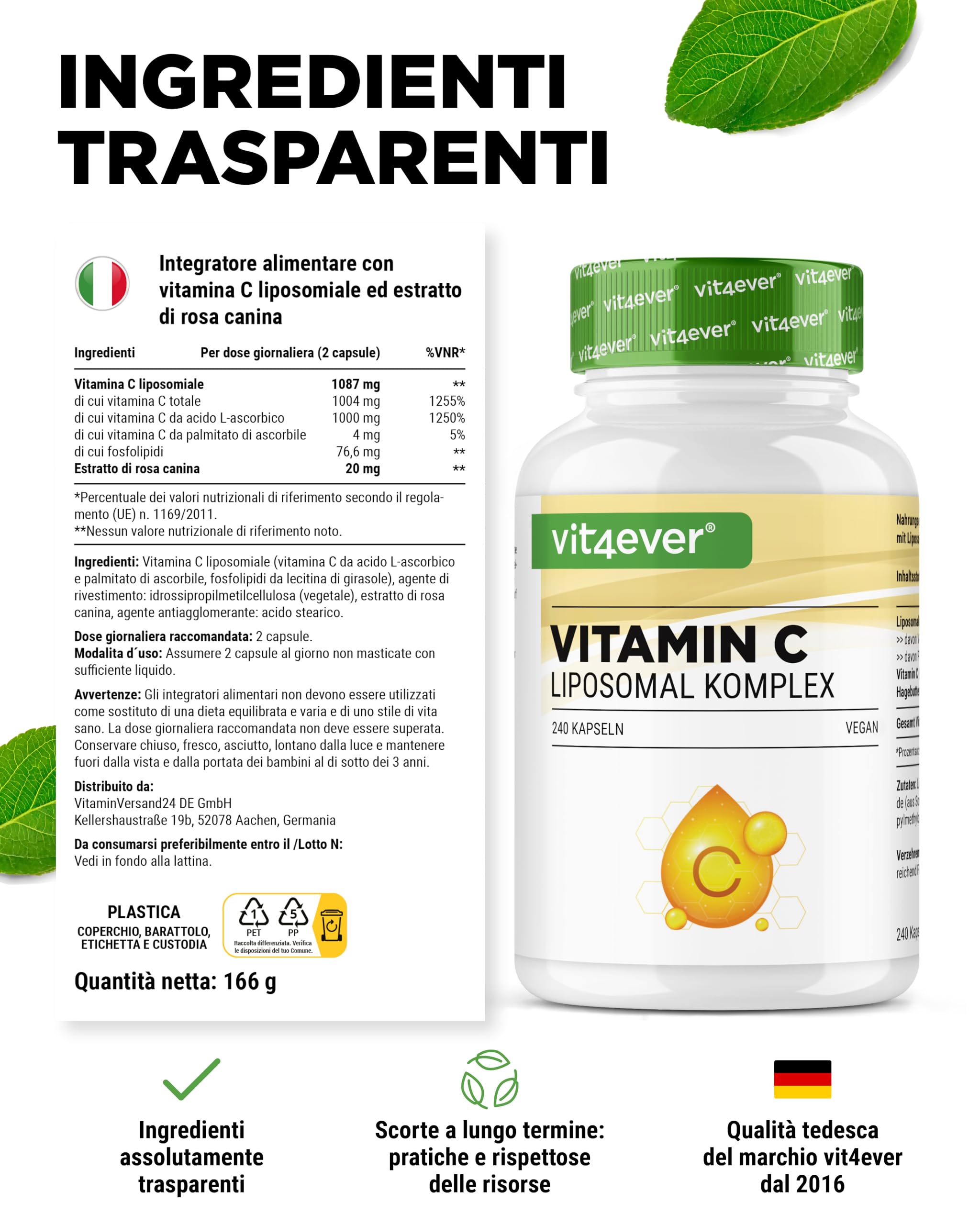 Vitamina C liposomiale - 240 capsule vegane - Premium: altamente dosata con 1000 mg di vitamina C pura al giorno - Biodisponibilità particolarmente elevata