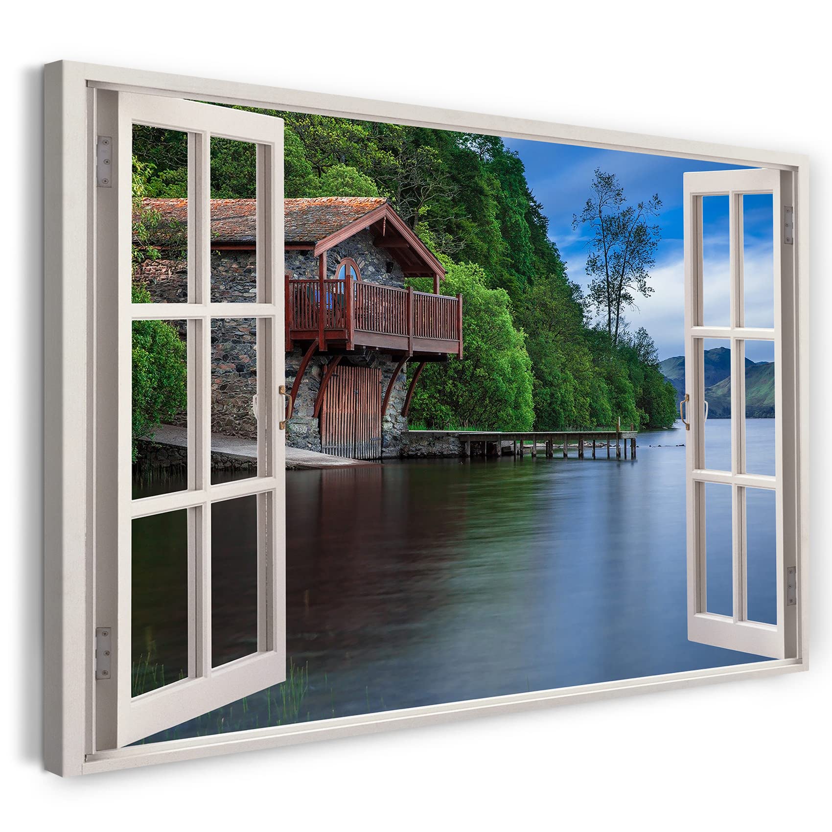 Print on Canvas (100x70 cm) view from the window - house on the lake view of nature landscape mountains - nature photography, real wood frame with hook