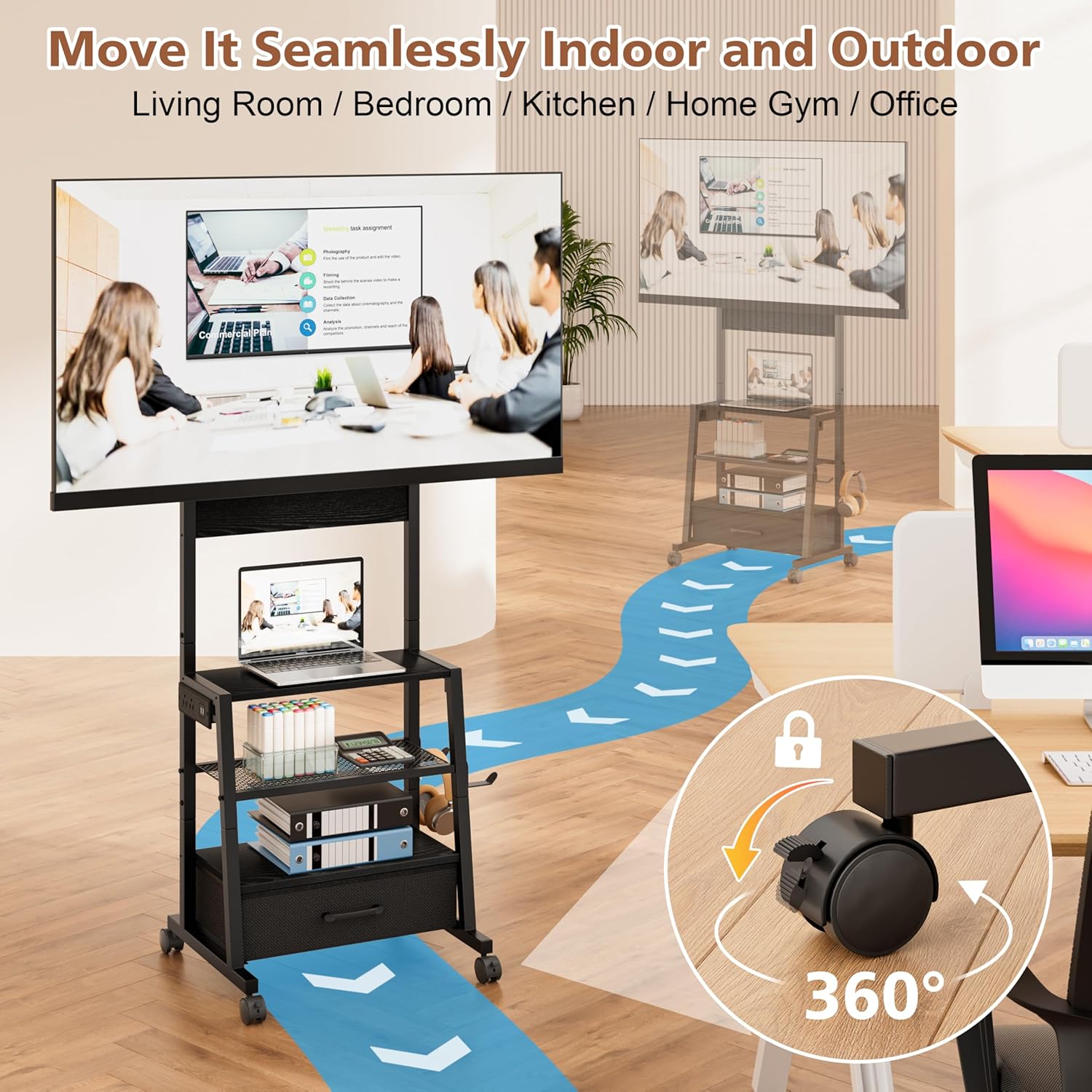 Rolling TV Stand with Wheels and Mount - Small Corner TV Stand with Power Outlet for 32-55 inch TV, Entertainment Center with Fabric Drawer Storage for Living Room Bedroom, Black