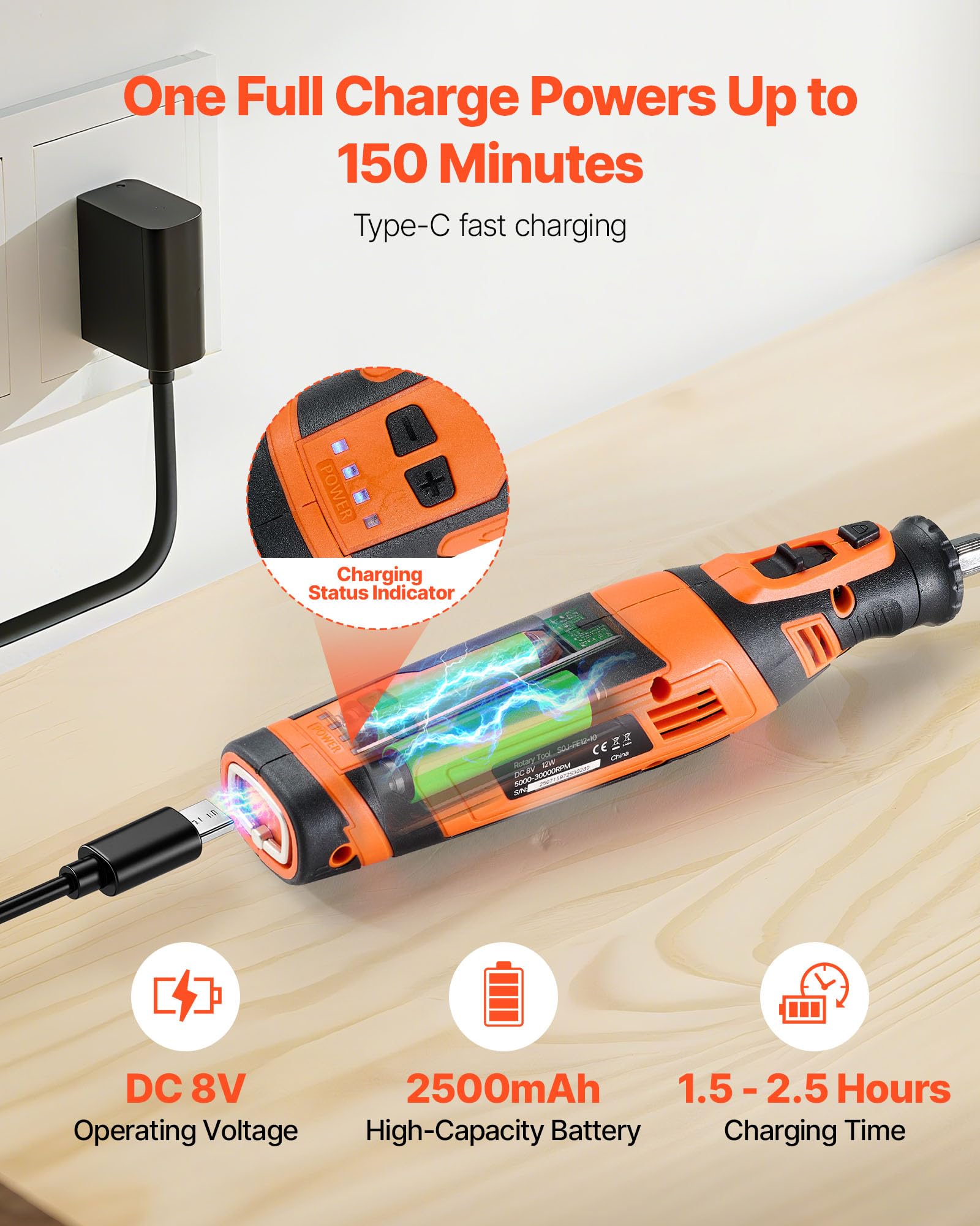 VEVOR Kit de Herramientas Rotativas Inalámbricas, 136 Piezas, Portátil, 8 V CC, 5 Velocidades de 5000-30 000 RPM, para Grabar, Lijar, Pulir, Tallar, Amolar, Cortar y Bricolaje, 225 x 50 x 50 mm