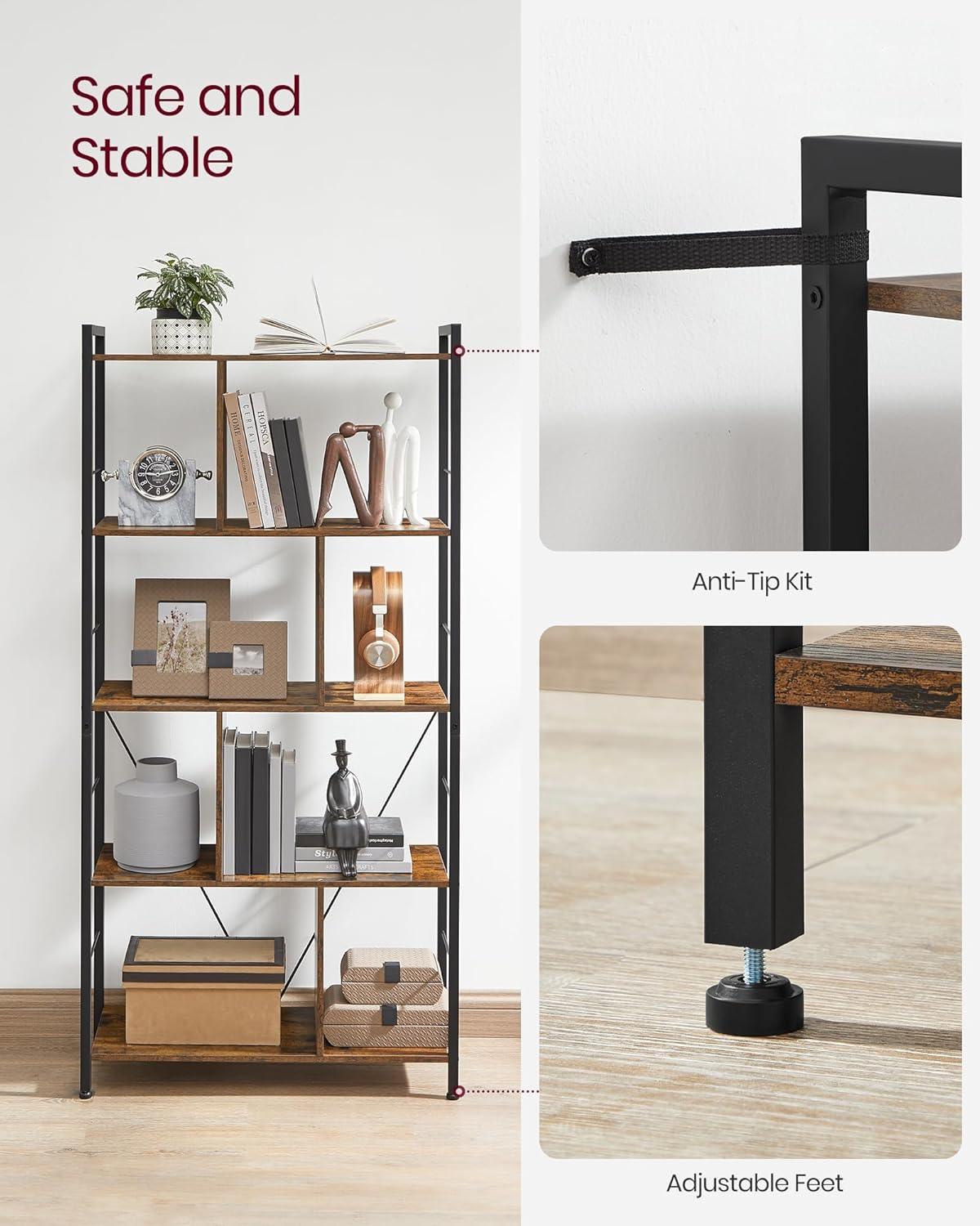 Close-up of the anti-tip kit attached to the wall and adjustable feet at the base of the bookshelf.