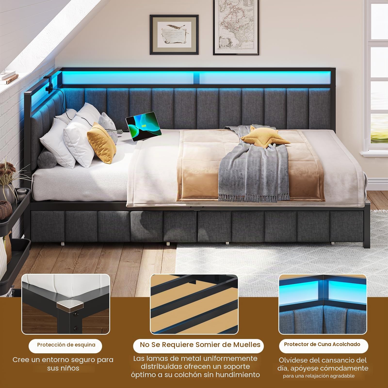 DICTAC Sofá Cama de 90 x 190 con iluminación LED y Toma USB, Estructura de Cama de 90x190 con somier de láminas de Metal, Cama banqueta con Cama Nido y cajones de Almacenamiento para niños, Gris