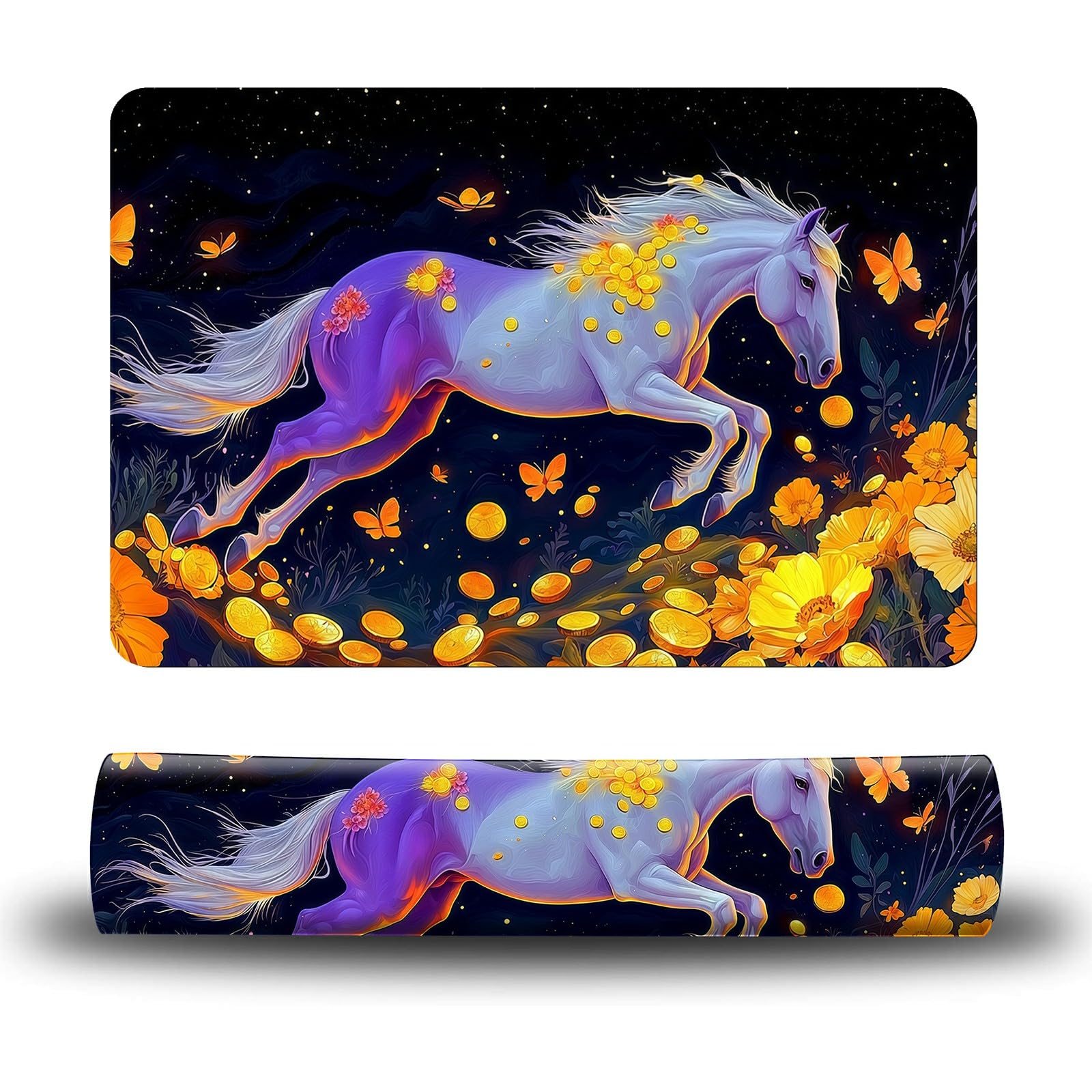 Dikoer Dog Food Mat, 15.7" x 23.6" Absorbent Pet Feeding Mat for Food and Water, Waterproof Diatom Mud Pet Placemat with Non-Slip Rubber Backing, Cat Bowl Mat for Floors - Yellow Flower Horse