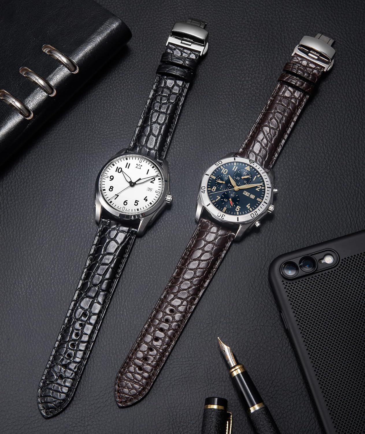 BINLUN Alligator Leather Watch Bands for Men Watch Straps Handmade Crocodile Grain Quick Release Replacment Genuine Classic Leather Women Watchband Deployment Black Brown