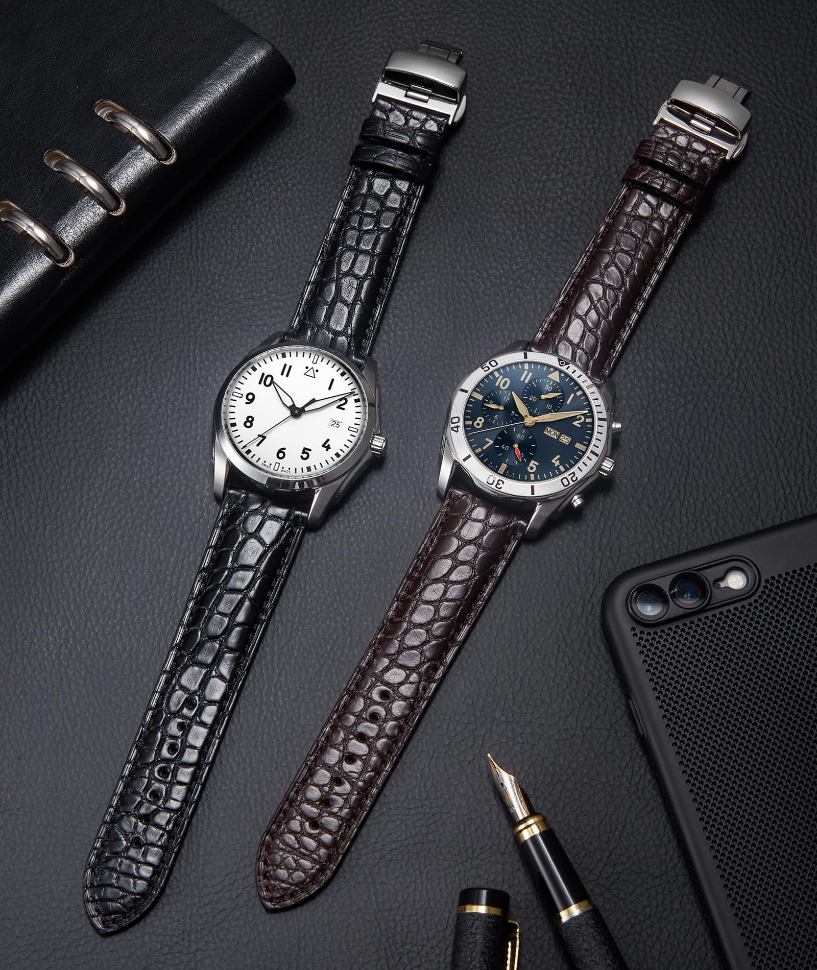 BINLUN Bracelet Montre en Cuir Gaufrage Crocodile Véritable Bracelet en Motif Alligator Pelle pour Homme Femme 18mm 19mm 20mm 21mm 22mm Boucle Deployante à Libération Rapide