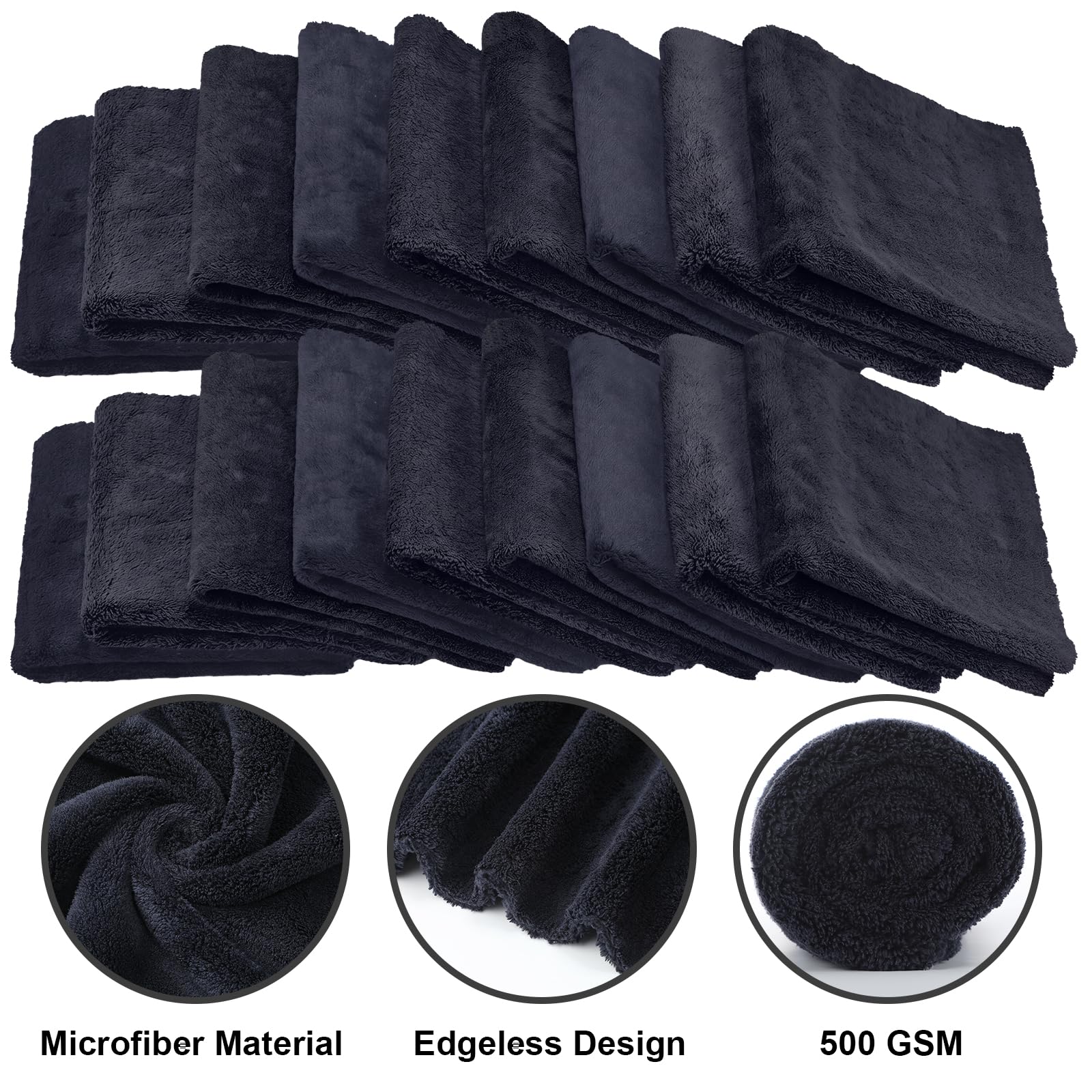 Shimeyao 40 Stück randlose Mikrofaser-Plüsch-Handtücher für Autos, Details, Trocknen, Waschen, Polieren, saugfähige Reinigungstücher, 500 g/m² (40 x 40 cm, schwarz)