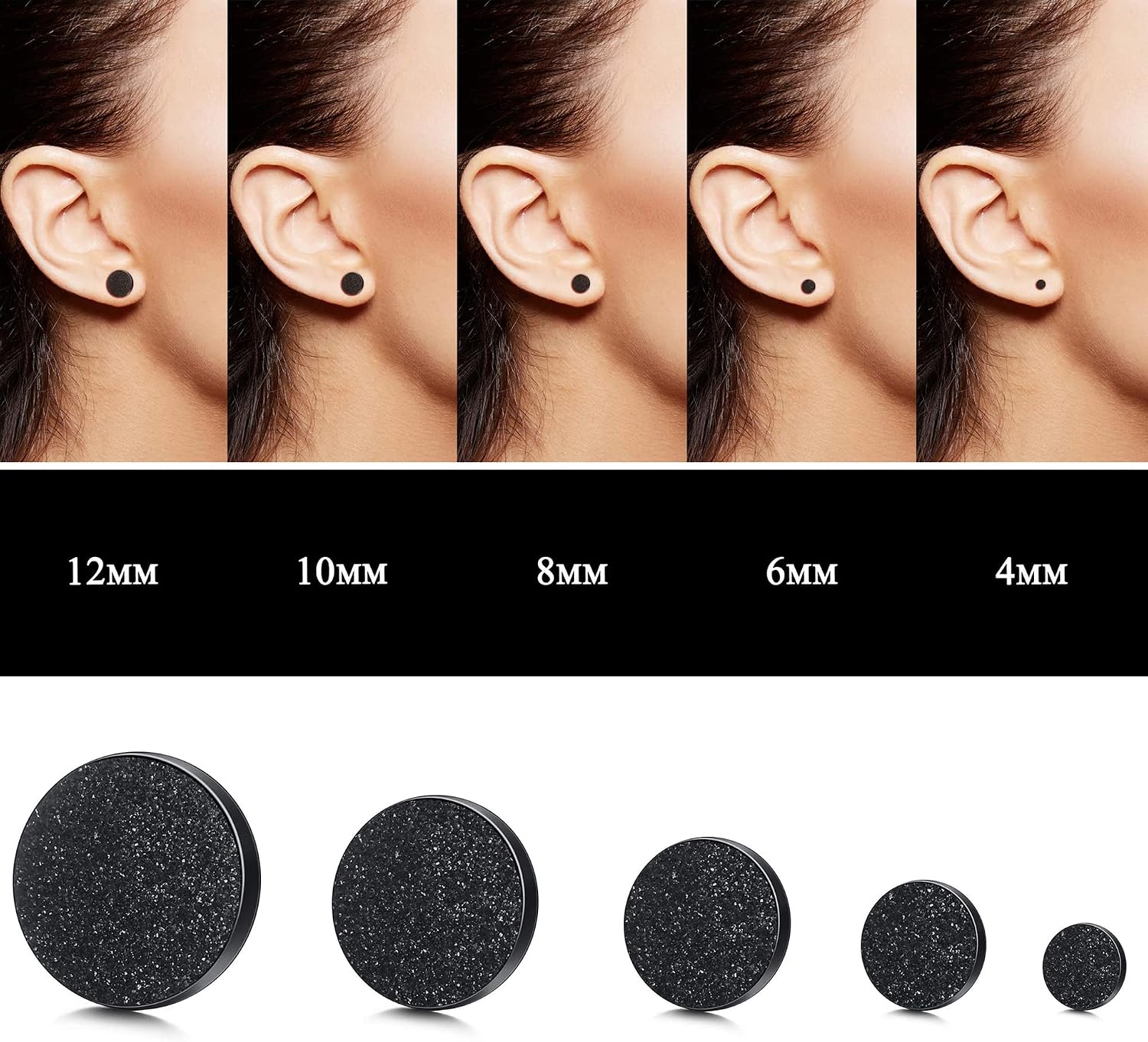 YADOCA Black Round Stud Earrings Set for Men Women 316L Surgical Stainless Steel Matte Black Ear Studs 5 Pairs 4mm-12mm