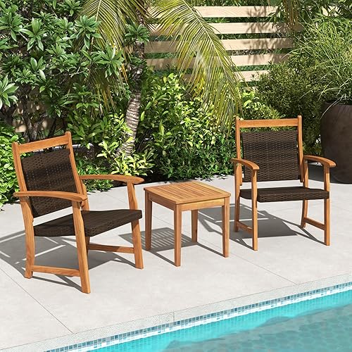 Miniatura 4 de HAPPYGRILL Juego de 3 sillas de mimbre para patio con mesa auxiliar de madera de acacia, sofá al aire libre para patio, jardín, porche, junto a la