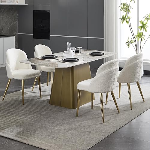 Miniatura 3 de Boucle - Juego de 2 sillas de comedor sin brazos, modernas sillas de cocina tapizadas con patas de metal dorado para cocina, comedor, color blanco