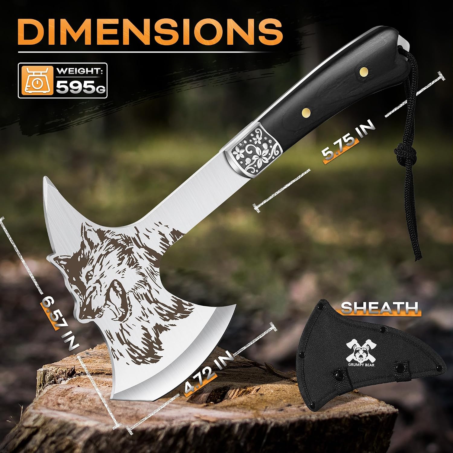 Grumpy Bear Tactical Axe, Camping Survival Hatchet, Full Tang Tomahawk with Sheath, Multifunctional Outdoor Hiking Heavy Duty Hatchet for Emergency, Hiking and Camping, for Men Women
