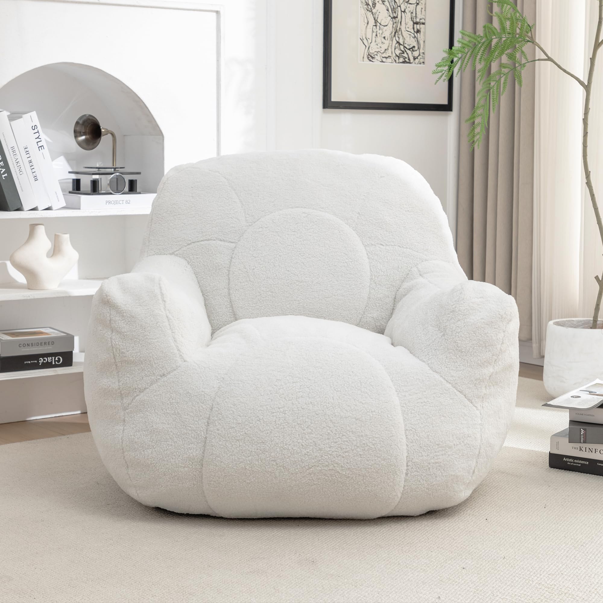 INMOZATA Bean Bag Chair with Filler, White 3.45 Feet Bean Bag Sofa with Tufted Soft Stuffed Filling for Adults, Teens, Kids, Living Room Furniture Sofa with Soft Teddy Cover, Bean Bags