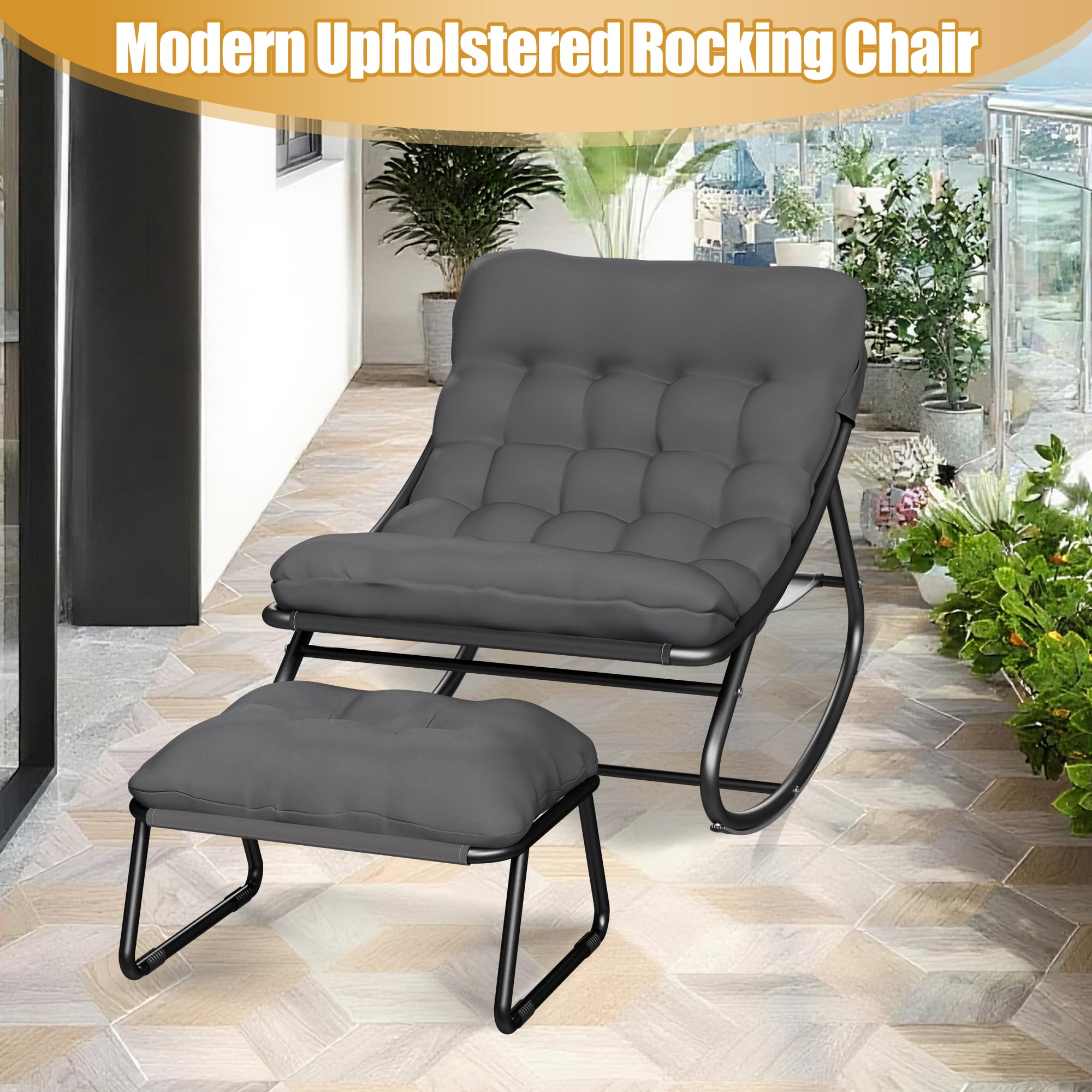 Schaukelstuhl Outdoor Wetterfester mit Gepolsterter,Schaukelsessel Wohnzimmer mit Hocker,XXL Loungesessel Outdoor bis 150kg,Stillsessel Bequem für Garten Balkon Terrasse