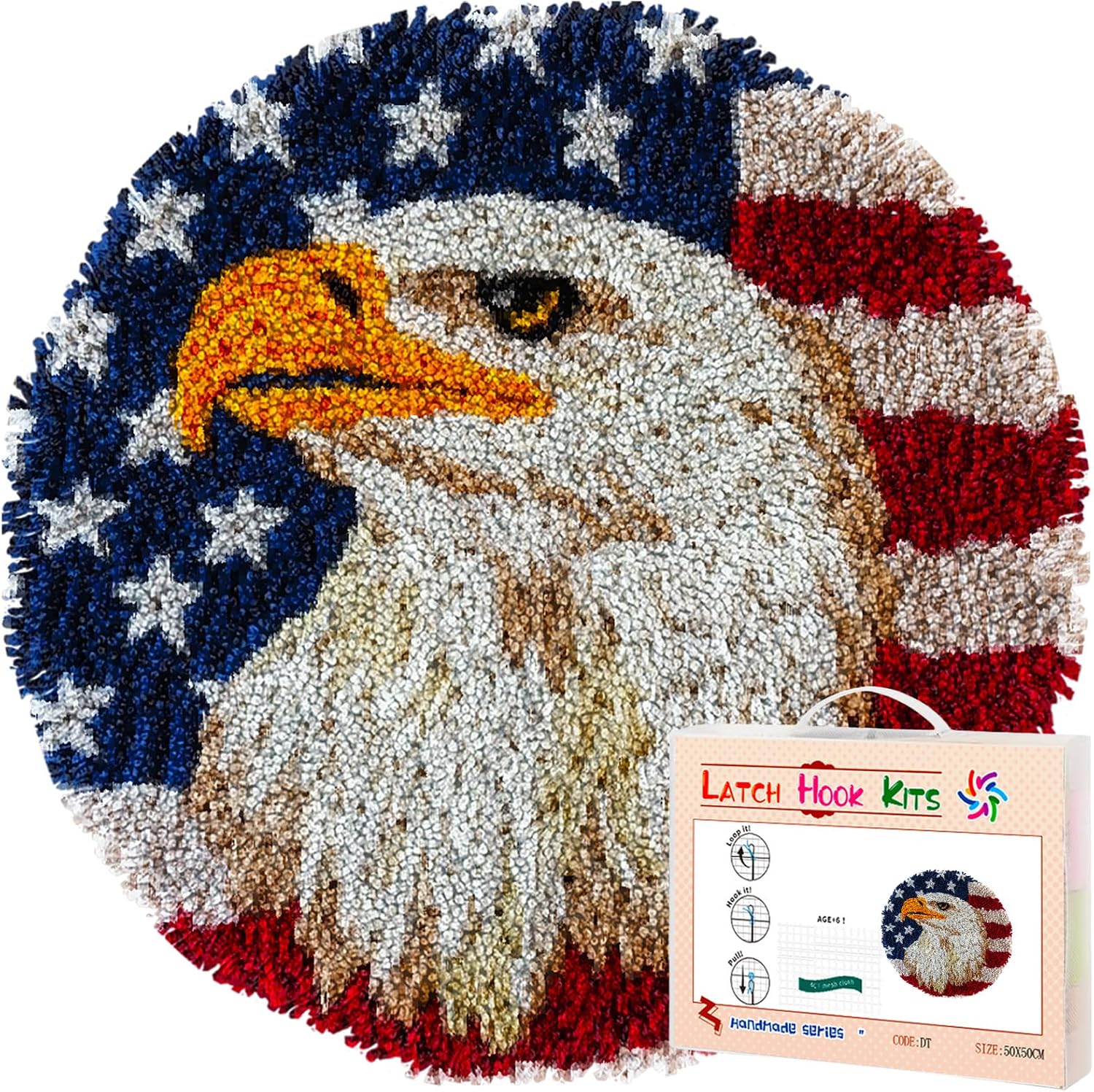Latch Hook Rug Kit Eagle and American Flag Round Carpet Crochet Yarn Craft DIY Hook and Latch Door Mat Tapestry for Christmas Home Floor Decoration 50x50cm-3