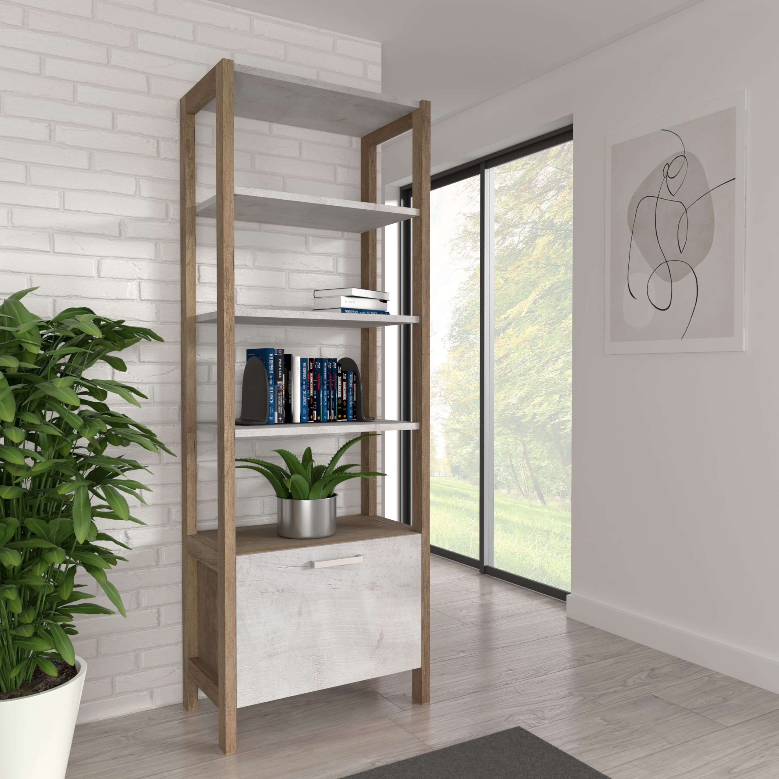 Forte Duro Bücherregal 70 80, Bücherregal mit 1 Tür, Regal im Landhausstil, Standregal, Holzwerkstoff, Pinie Weiß/Antikeiche Holzdekor, 71 cm breit x 200 cm hoch x 41,2 cm tief