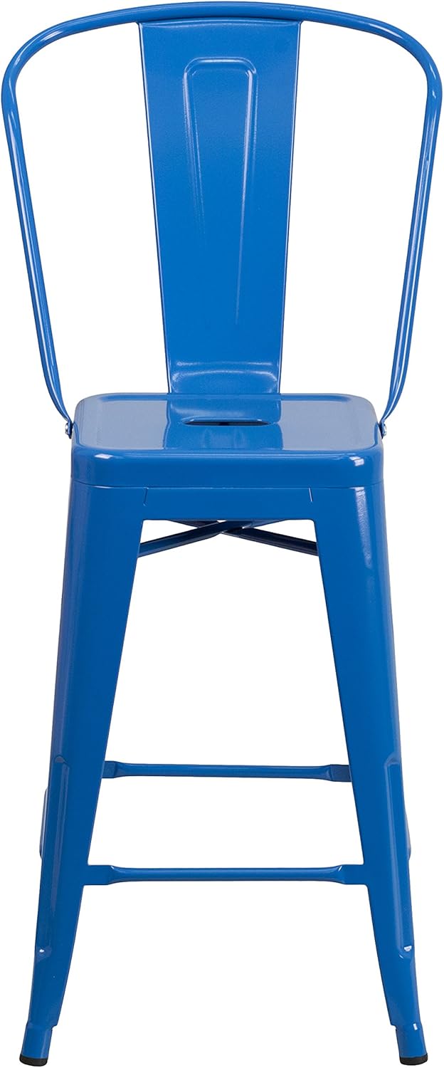 BizChair Commercial Grade 24" H Blue Metal Indoor-Outdoor Counter Height Stool w/Back