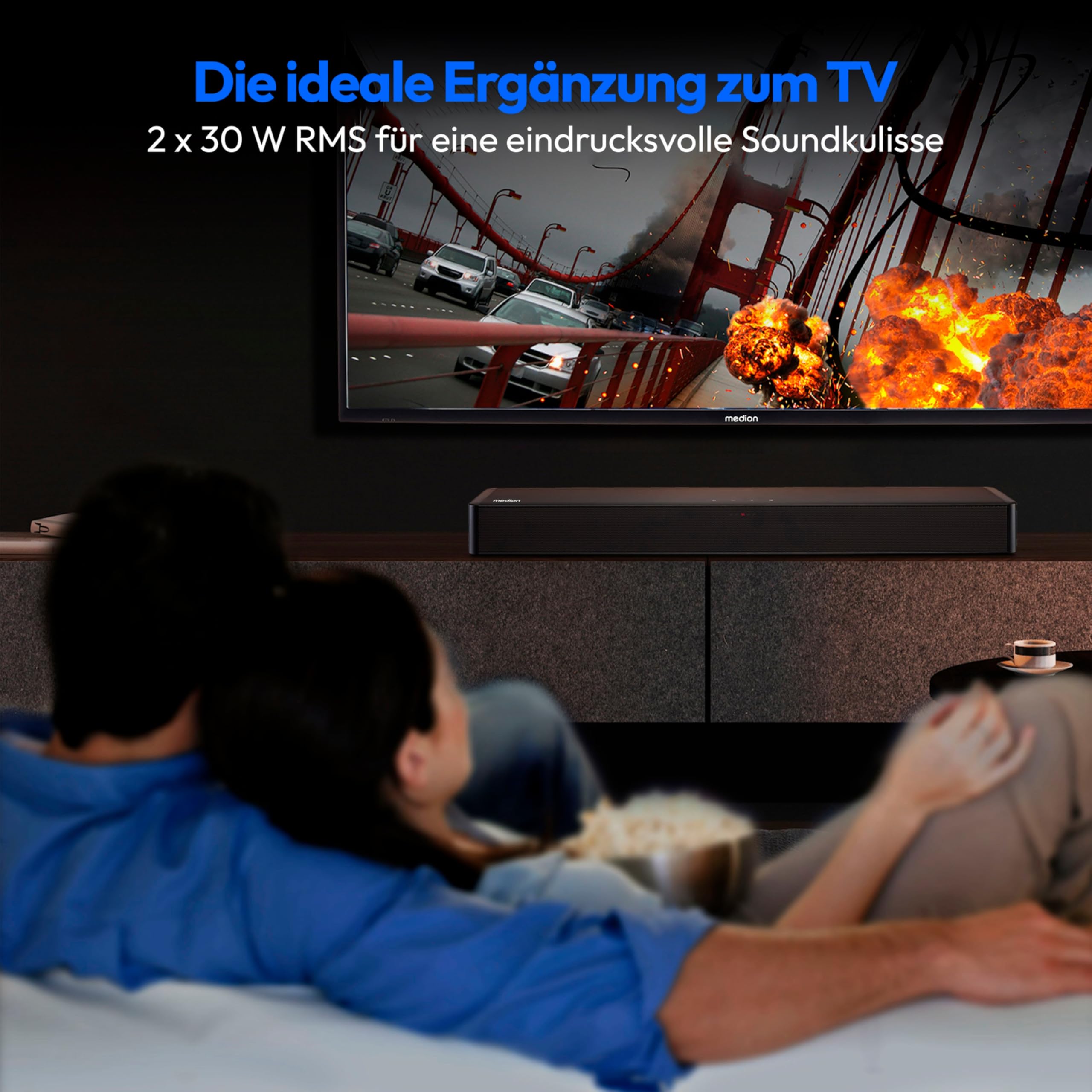 MEDION P61155 2.0 Soundbar mit Bluetooth (inkl. Fernbedienung, Touch-Steuerung, HDMI (ARC), AUX, optischer Eingang, 2 x 30 W RMS)