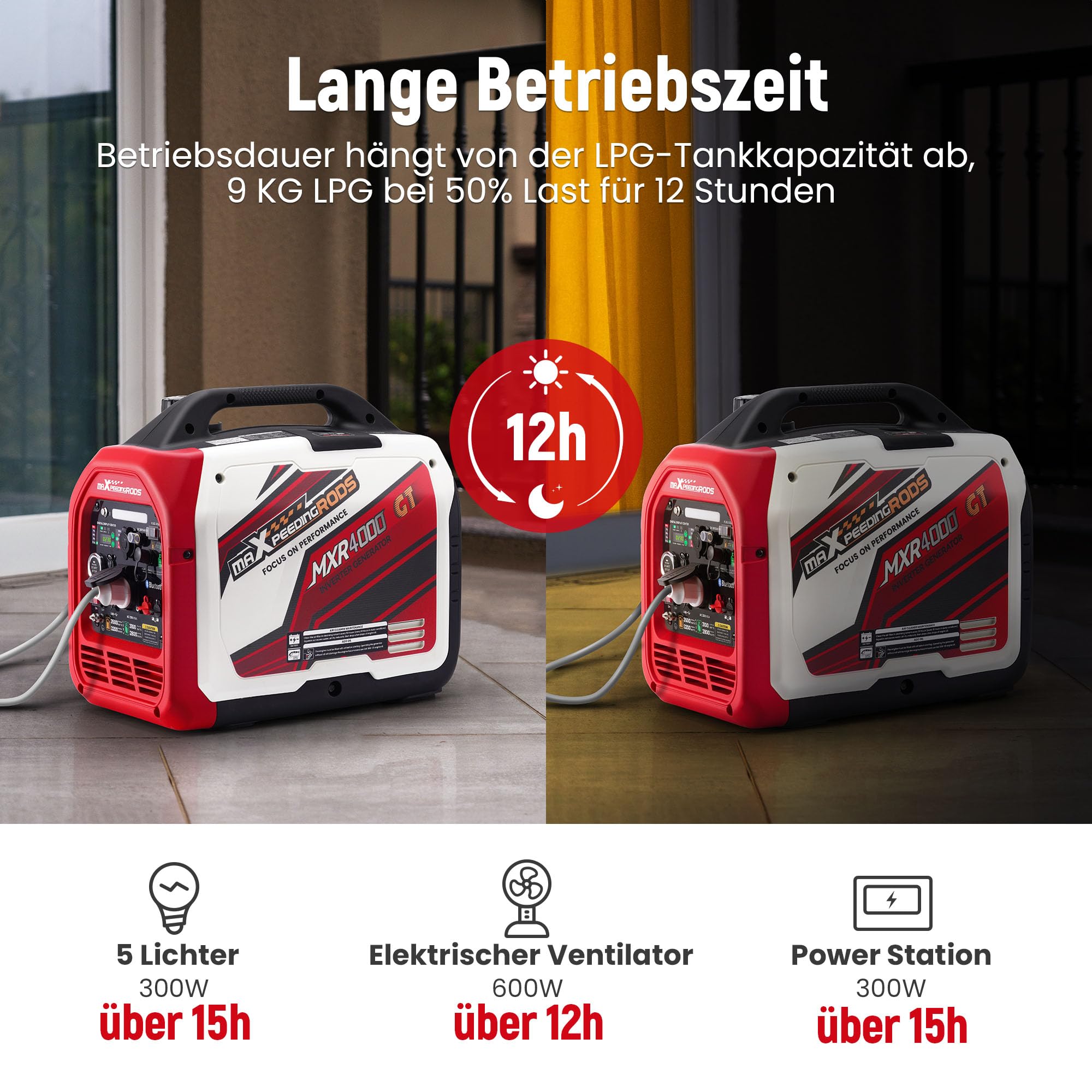 maXpeedingrods Generator prądu inwerterowego 3500W, LPG, benzynowy | cichy generator prądu z aplikacją Bluetooth®, zdalnego sterowania, generator prądu, lekki jako awaryjny agregat prądu na