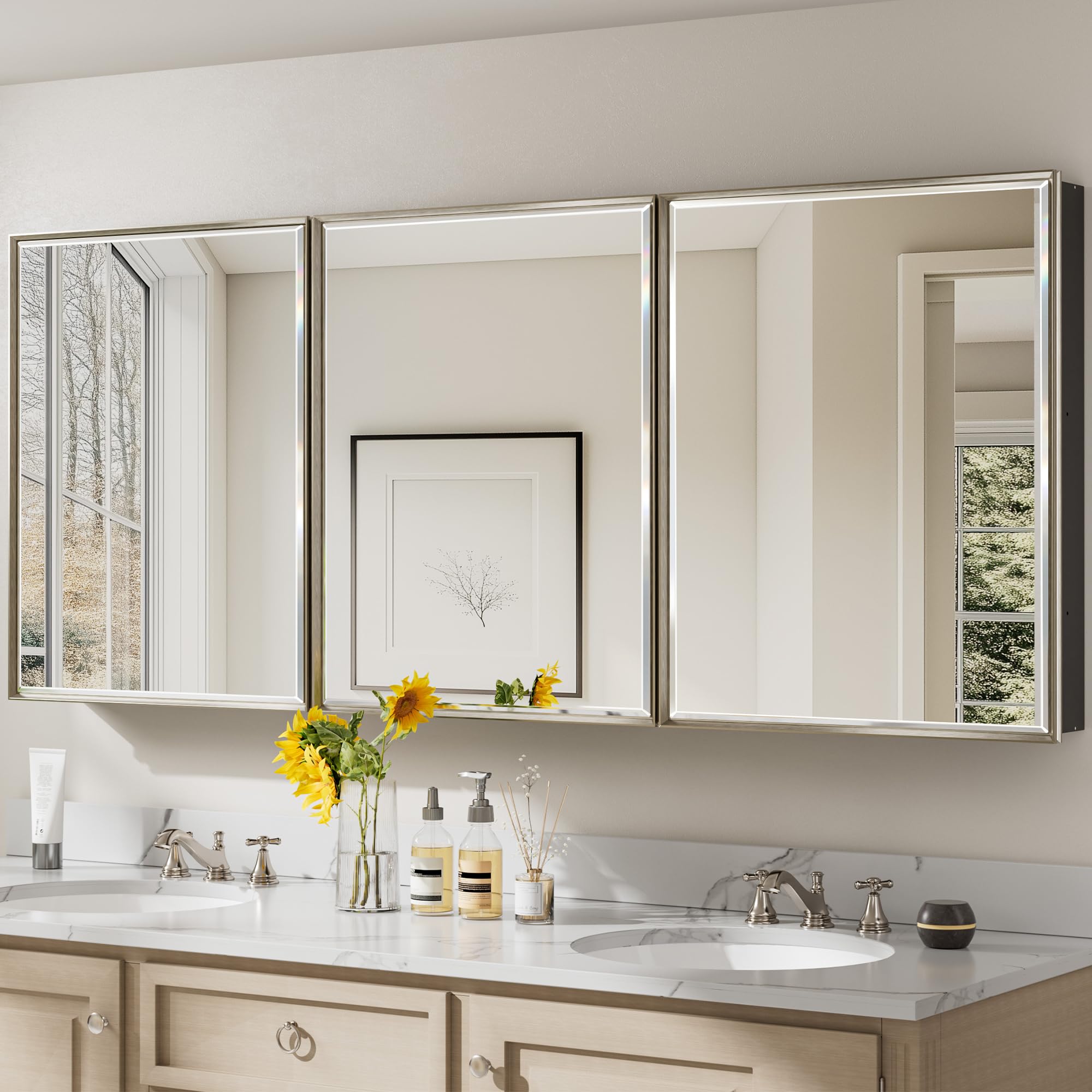 Pre-Assembled Surface or Recessed Medicine Cabinet Mirror-72x30 Brushed Nickel Bathroom Medicine Cabinet with Mirror &amp; Aluminum Frame Rustproof, Beveled Bathroom Vanity Mirror with Storage