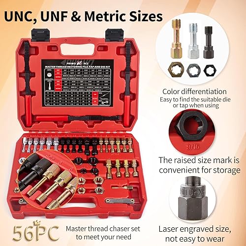 Miniatura 3 de Kit de reparación de cazador de roscas, herramienta de reparación de reenhebrado, UNC UNF y MetricThread Restorer Set con medidor de paso de rosca