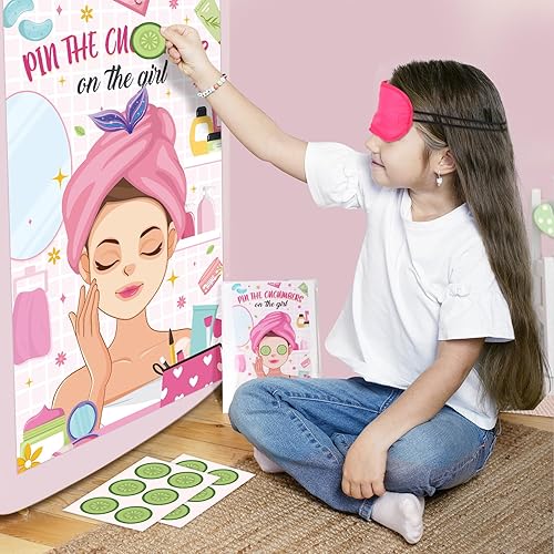 Miniatura 5 de Hxezoc Juegos de fiesta de spa Pin The Pepbers on The Girl con 42 calcomanías de pepino, póster grande de juegos de fiesta de spa para niños, niñas,