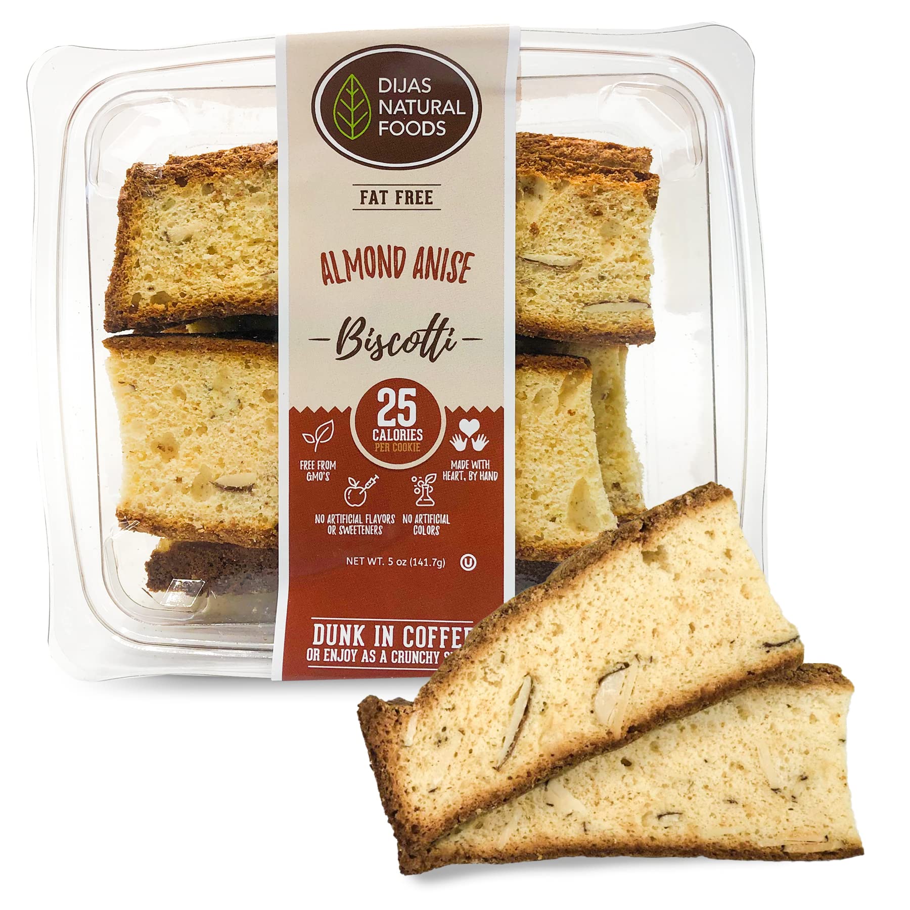 DIJAS Natural Foods, Fat Free Biscotti Cookie, All Natural Preservative Free Ingredients, Delicious Low Calorie Snack (5 ounces) (Almond Anise)