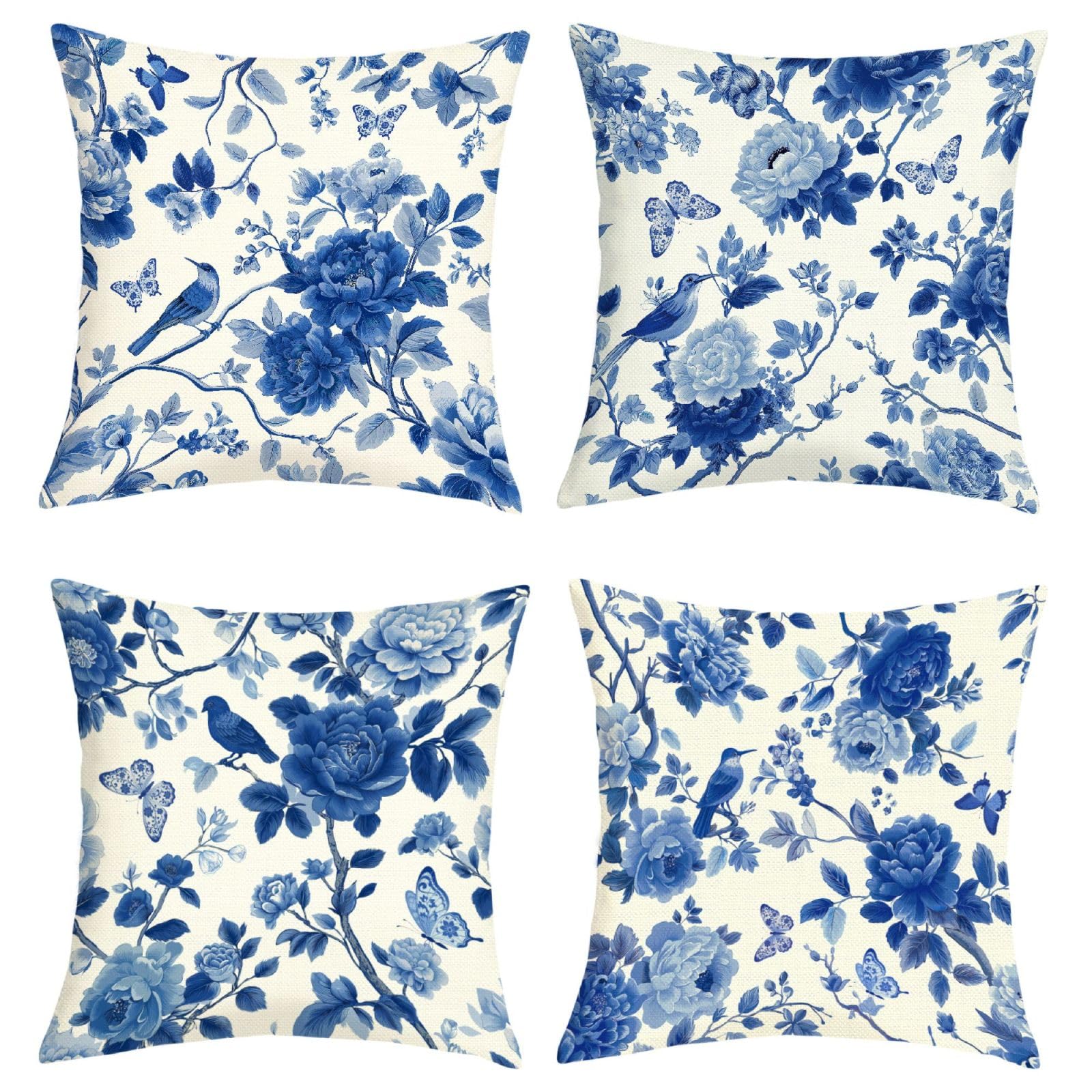 Joymaison Blue and White Porcelain Floral Cushion Covers 45 x 45 Pack of 4 Vintage Chinoiserie Flower Birds Square Throw Pillow Case Decorative Sofa Cushion with Invisible Zipper